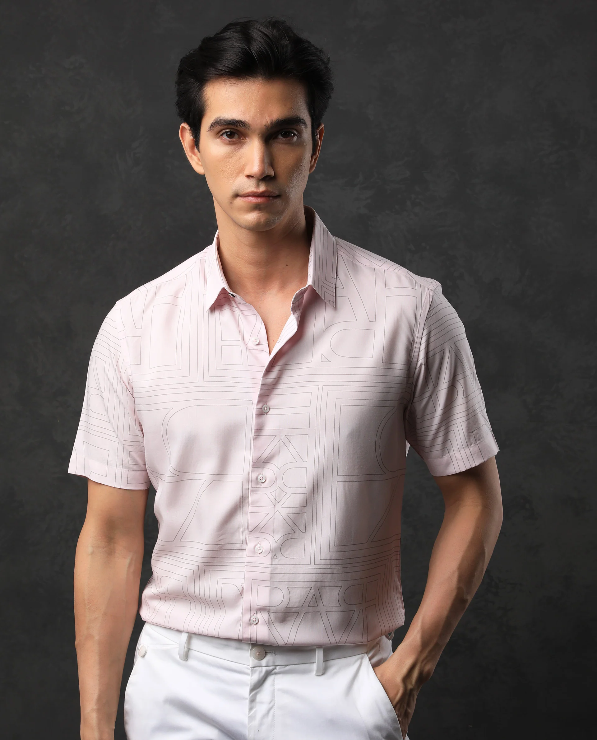 Rare Rabbit Men's Malfor Ss Pastel Pink Viscose Statement Print Regular Fit Half Sleeve Collared Shirt - Image 4