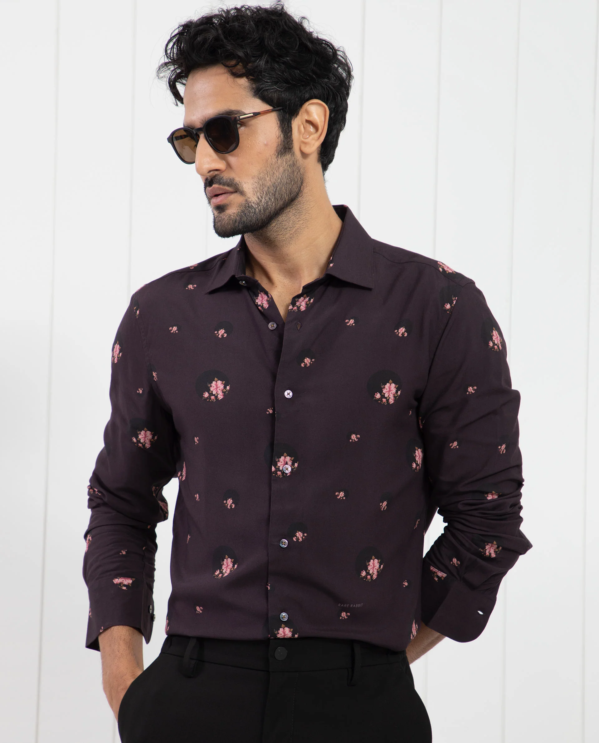 Rare Rabbit Men's Mali Dark Purple Viscose Floral Print Regular Fit Full Sleeve Collared Shirt - Image 3