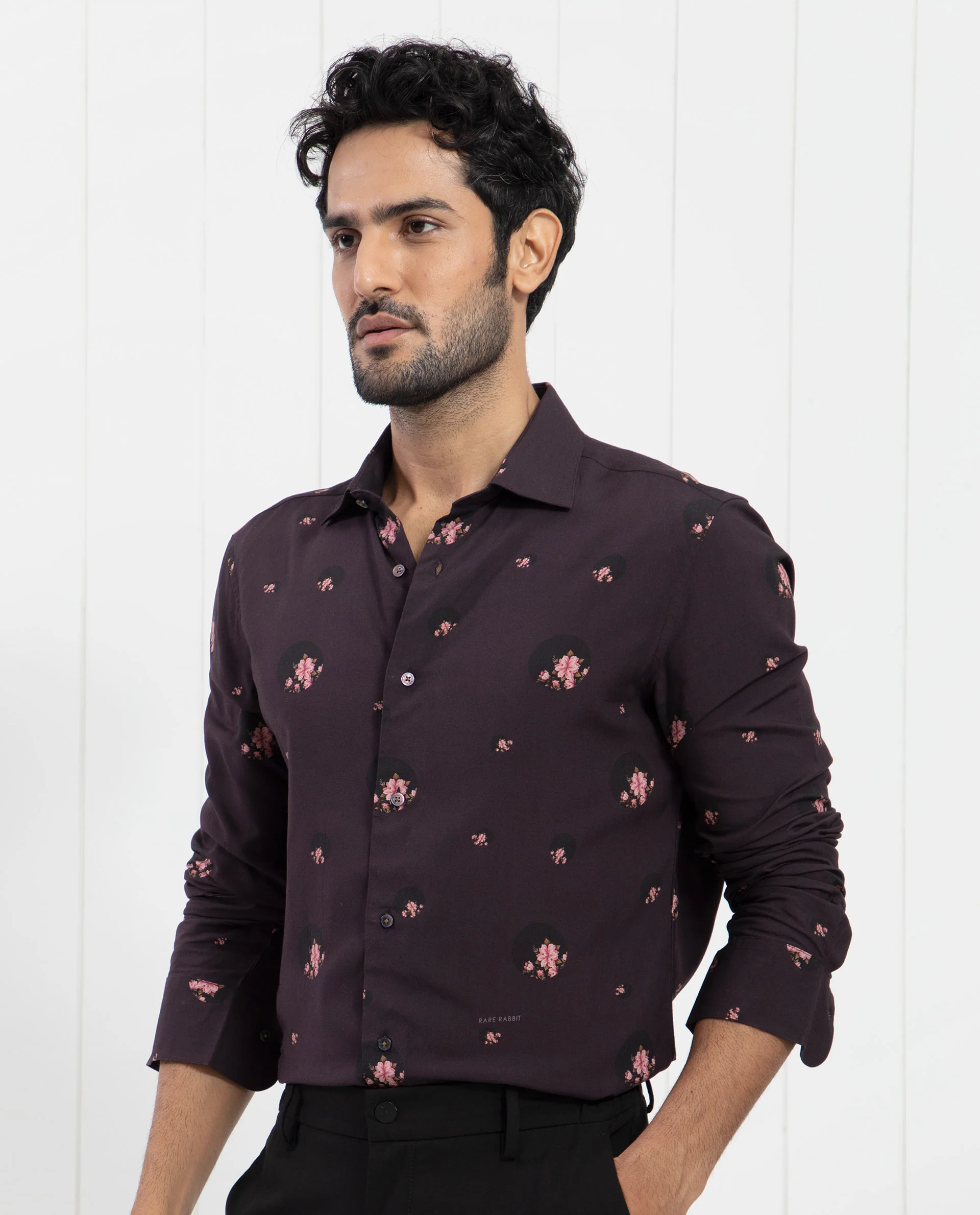 Rare Rabbit Men's Mali Dark Purple Viscose Floral Print Regular Fit Full Sleeve Collared Shirt - Image 6