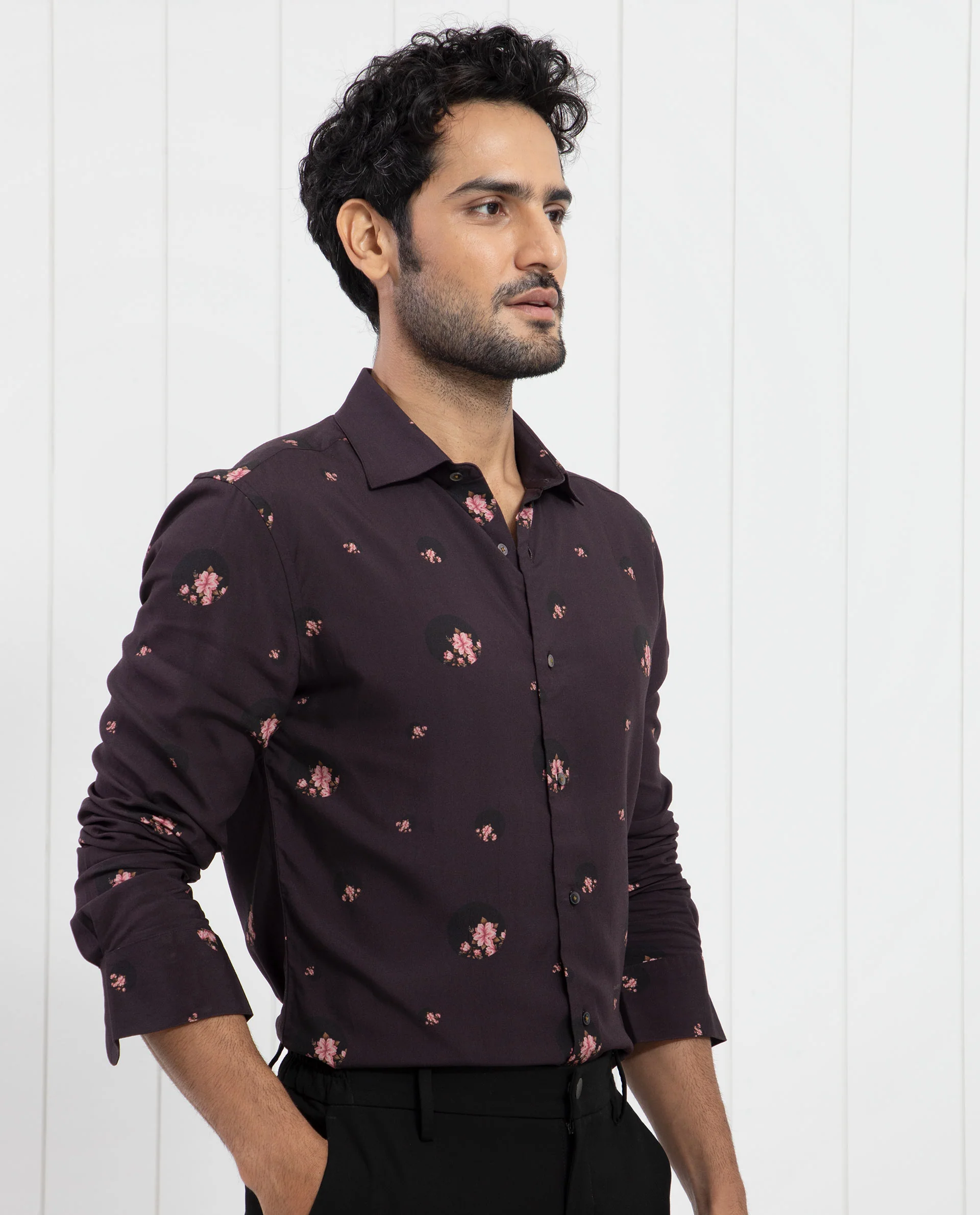 Rare Rabbit Men's Mali Dark Purple Viscose Floral Print Regular Fit Full Sleeve Collared Shirt - Image 7