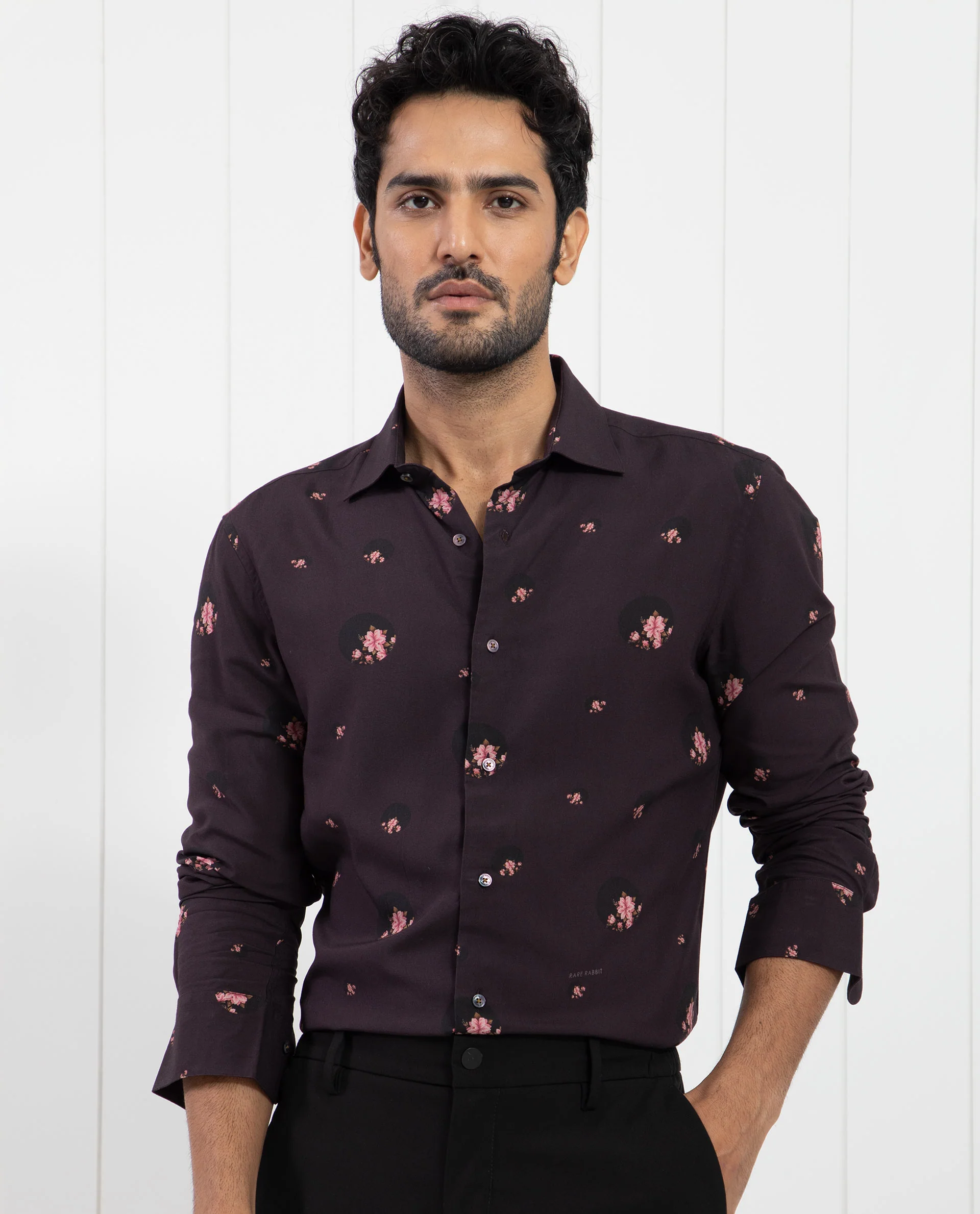 Rare Rabbit Men's Mali Dark Purple Viscose Floral Print Regular Fit Full Sleeve Collared Shirt - Image 8
