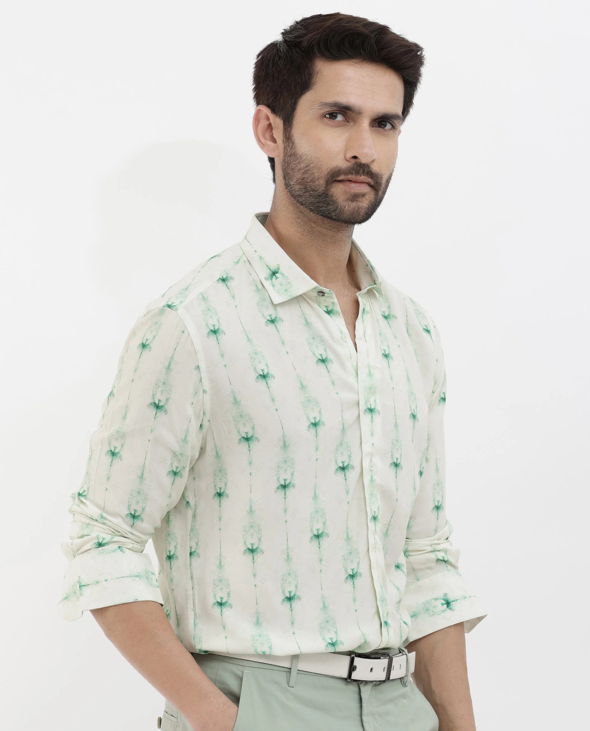 Rare Rabbit Men's Mallard Light Green Viscose Decorative Print Regular Fit Full Sleeve Collared Shirt - Image 3