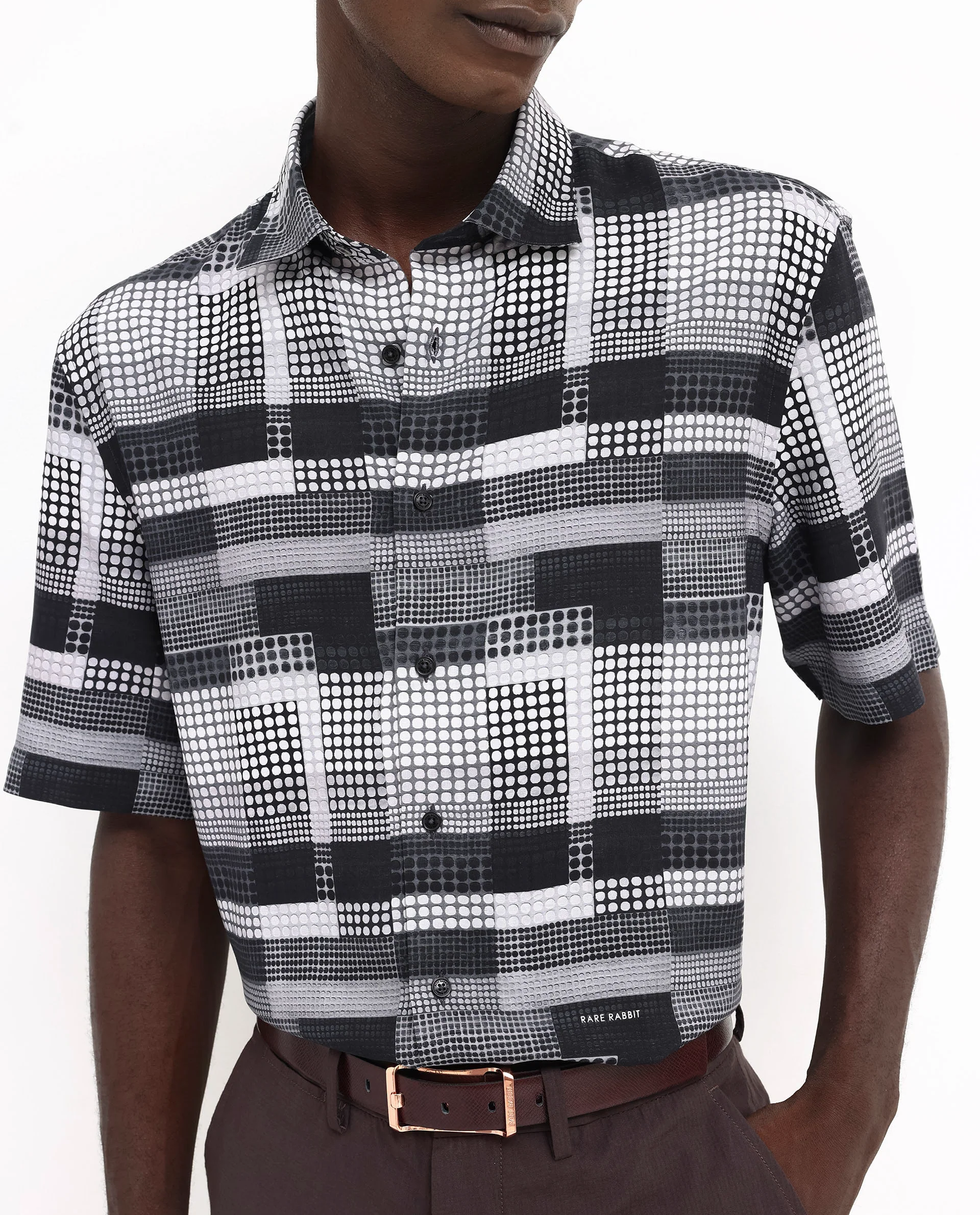 Rare Rabbit Men's Mallor Black Viscose Geometric Print Boxy Fit Half Sleeve Collared Shirt - Image 5