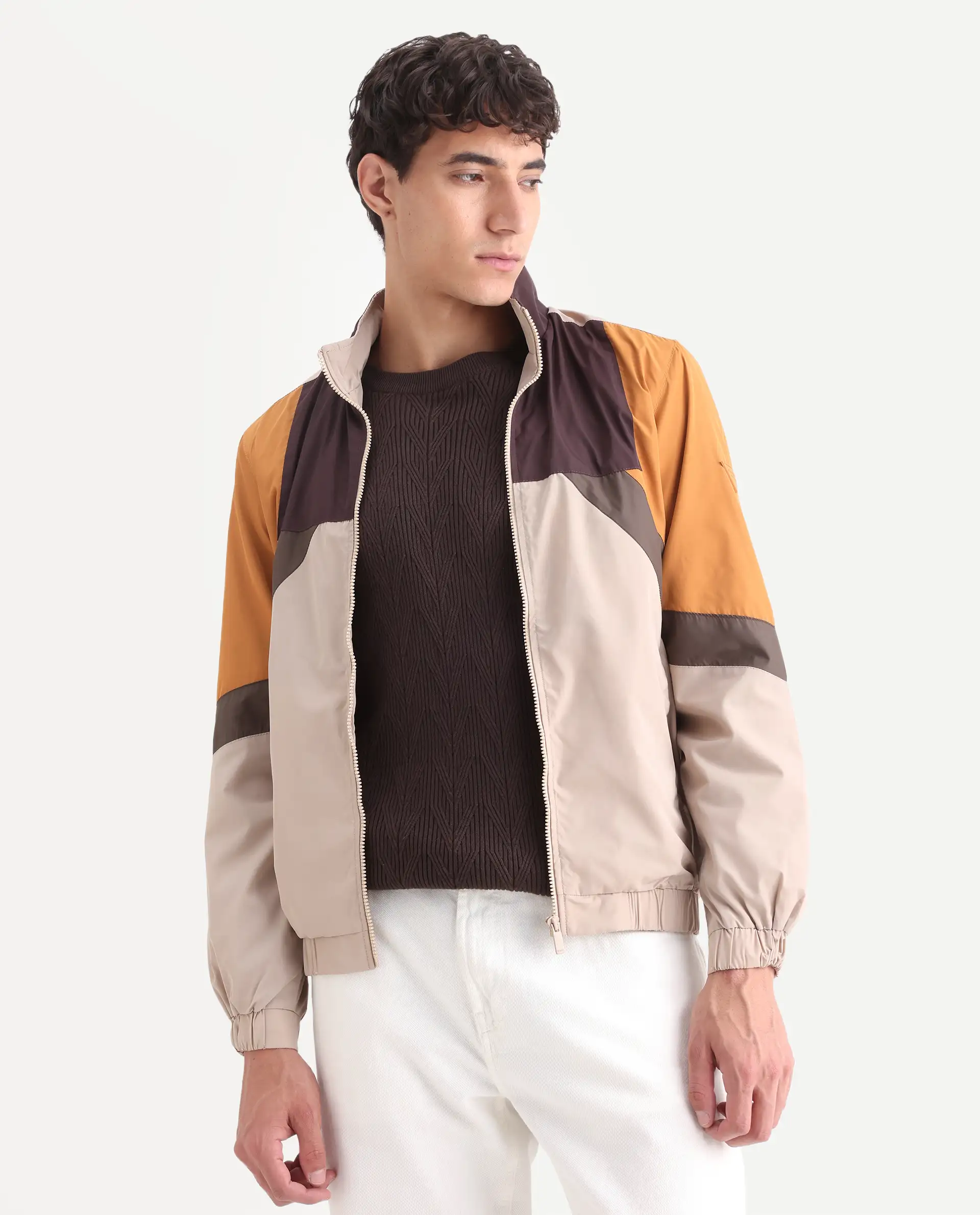 Rare Rabbit Men's Malo Beige Polyester Cut And Sew Regular Fit Full Sleeve High Neck Jacket - Image 3