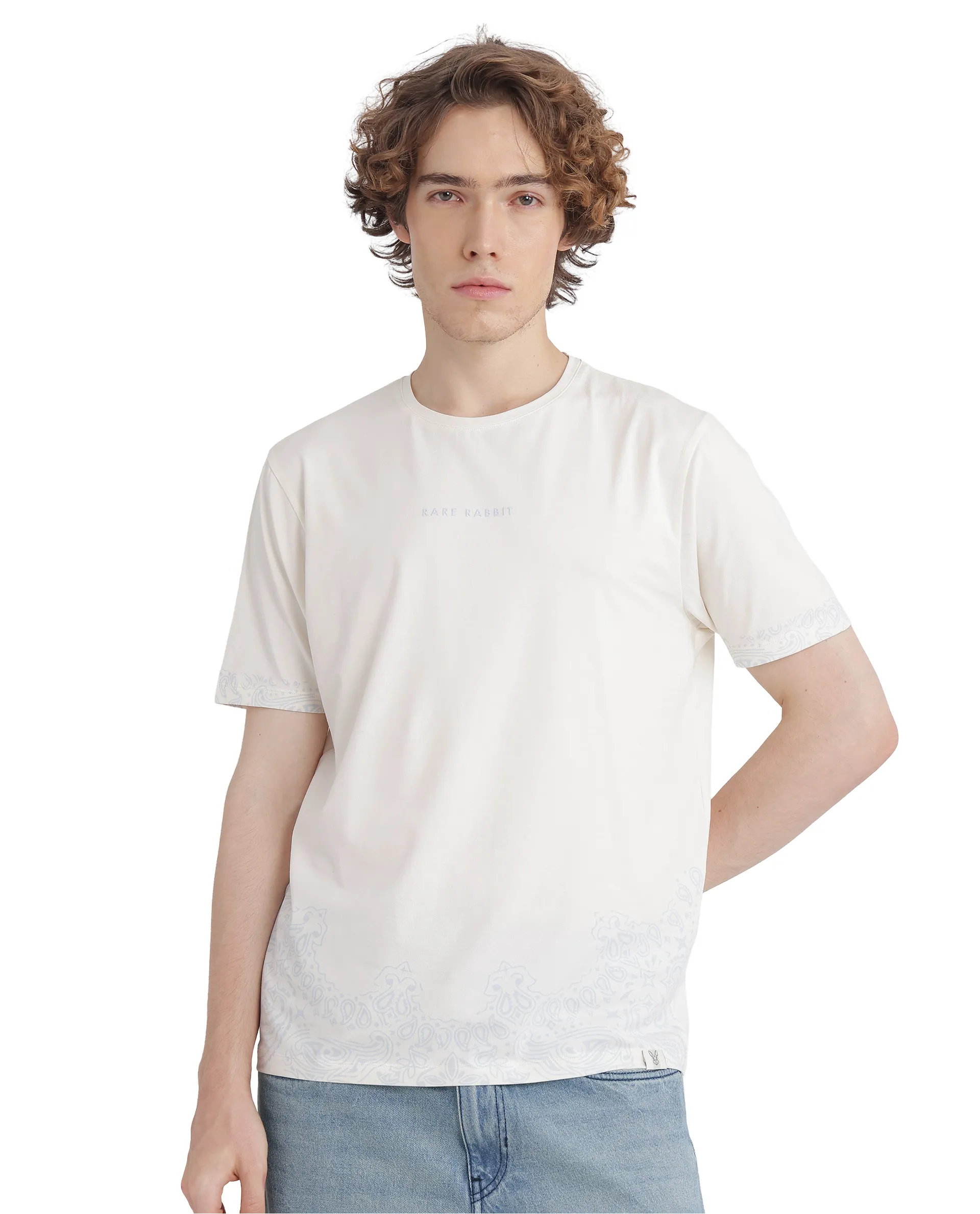 Rare Rabbit Men's Malon Off White Cotton Blend Paisley Print Regular Fit Half Sleeve Crew Neck T-Shirt - Image 2