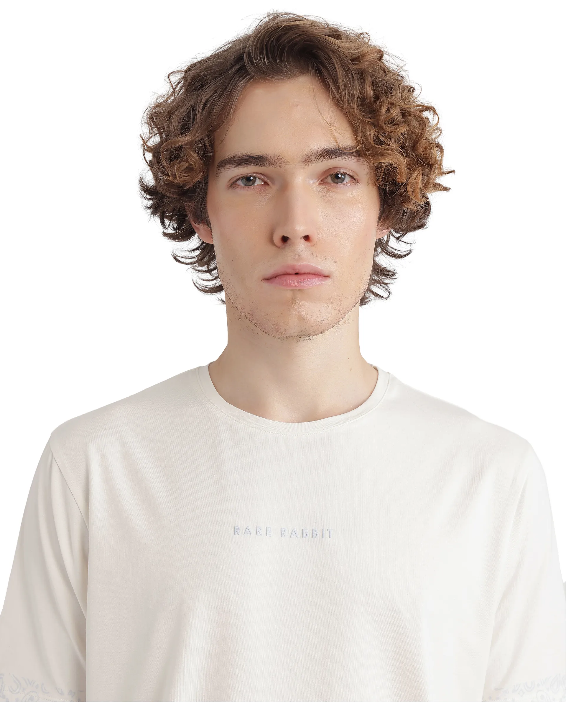 Rare Rabbit Men's Malon Off White Cotton Blend Paisley Print Regular Fit Half Sleeve Crew Neck T-Shirt - Image 3