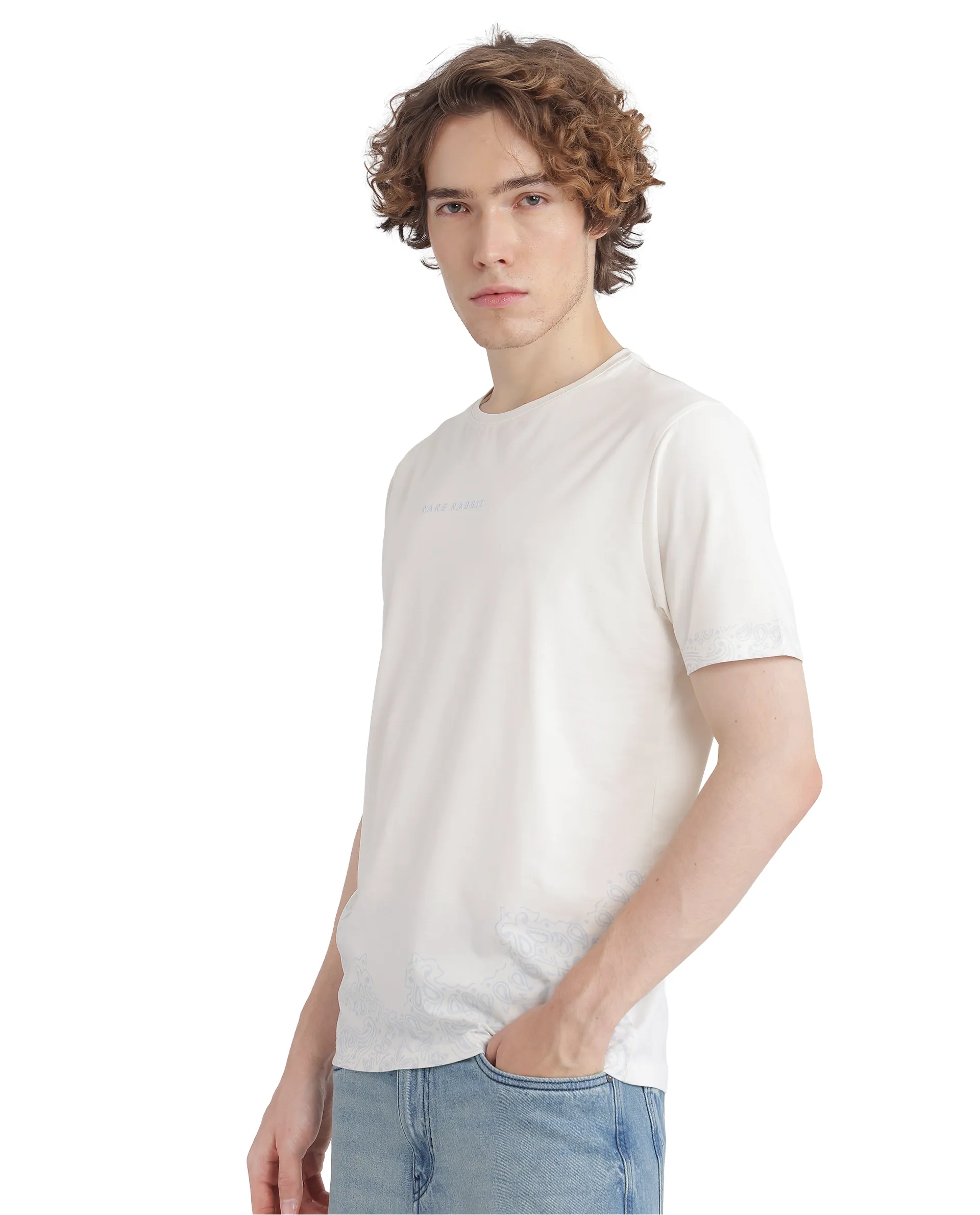 Rare Rabbit Men's Malon Off White Cotton Blend Paisley Print Regular Fit Half Sleeve Crew Neck T-Shirt - Image 5