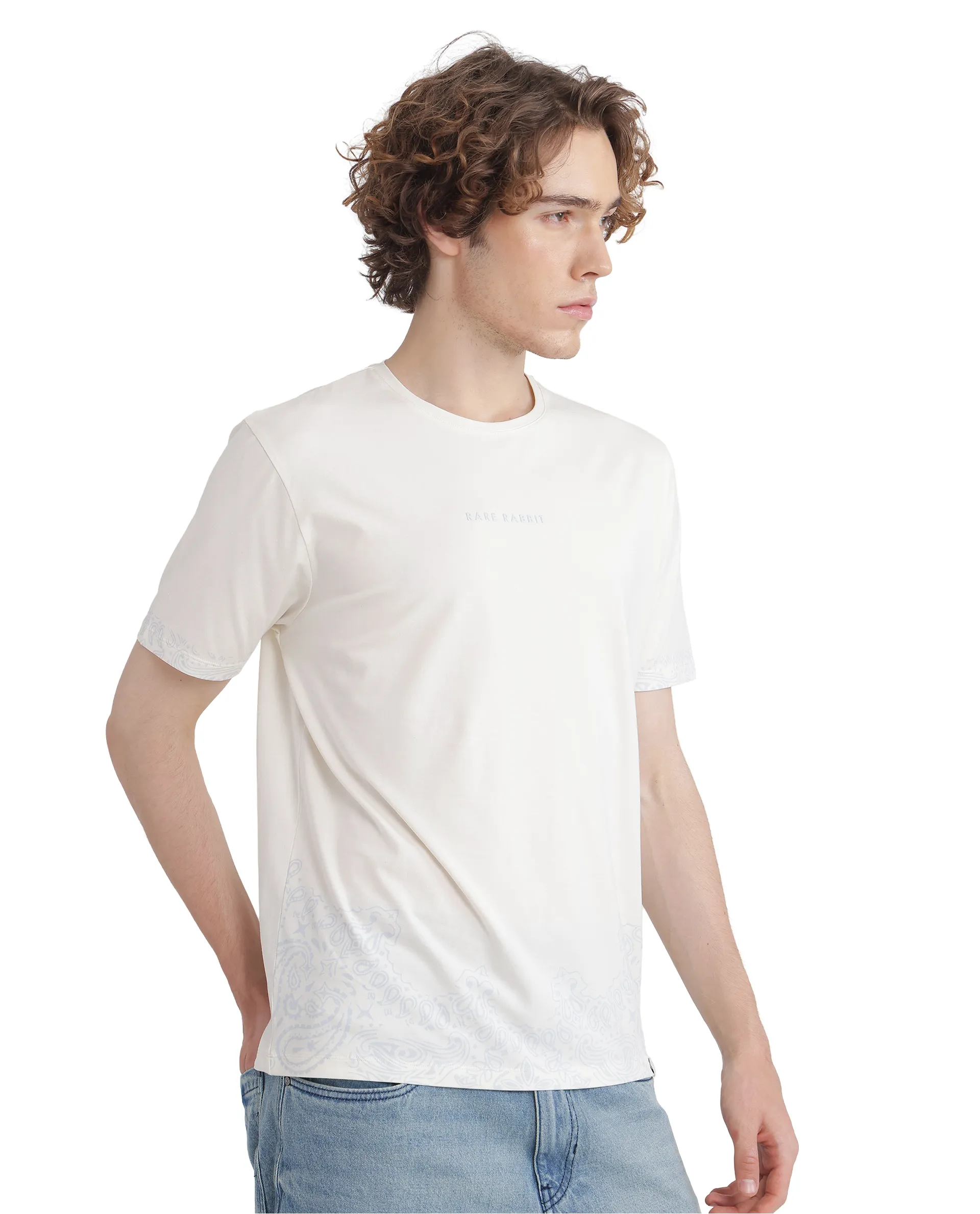 Rare Rabbit Men's Malon Off White Cotton Blend Paisley Print Regular Fit Half Sleeve Crew Neck T-Shirt - Image 6