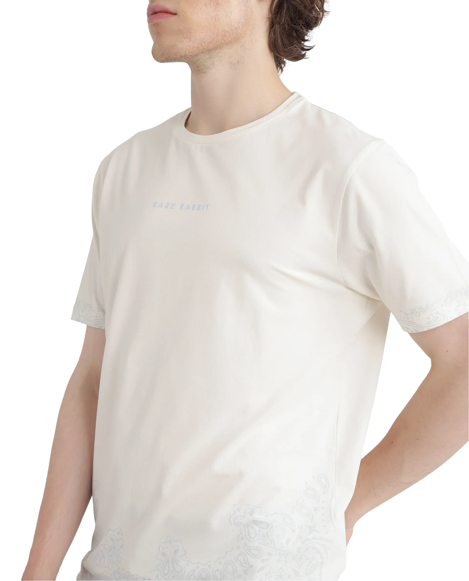 Rare Rabbit Men's Malon Off White Cotton Blend Paisley Print Regular Fit Half Sleeve Crew Neck T-Shirt - Image 7