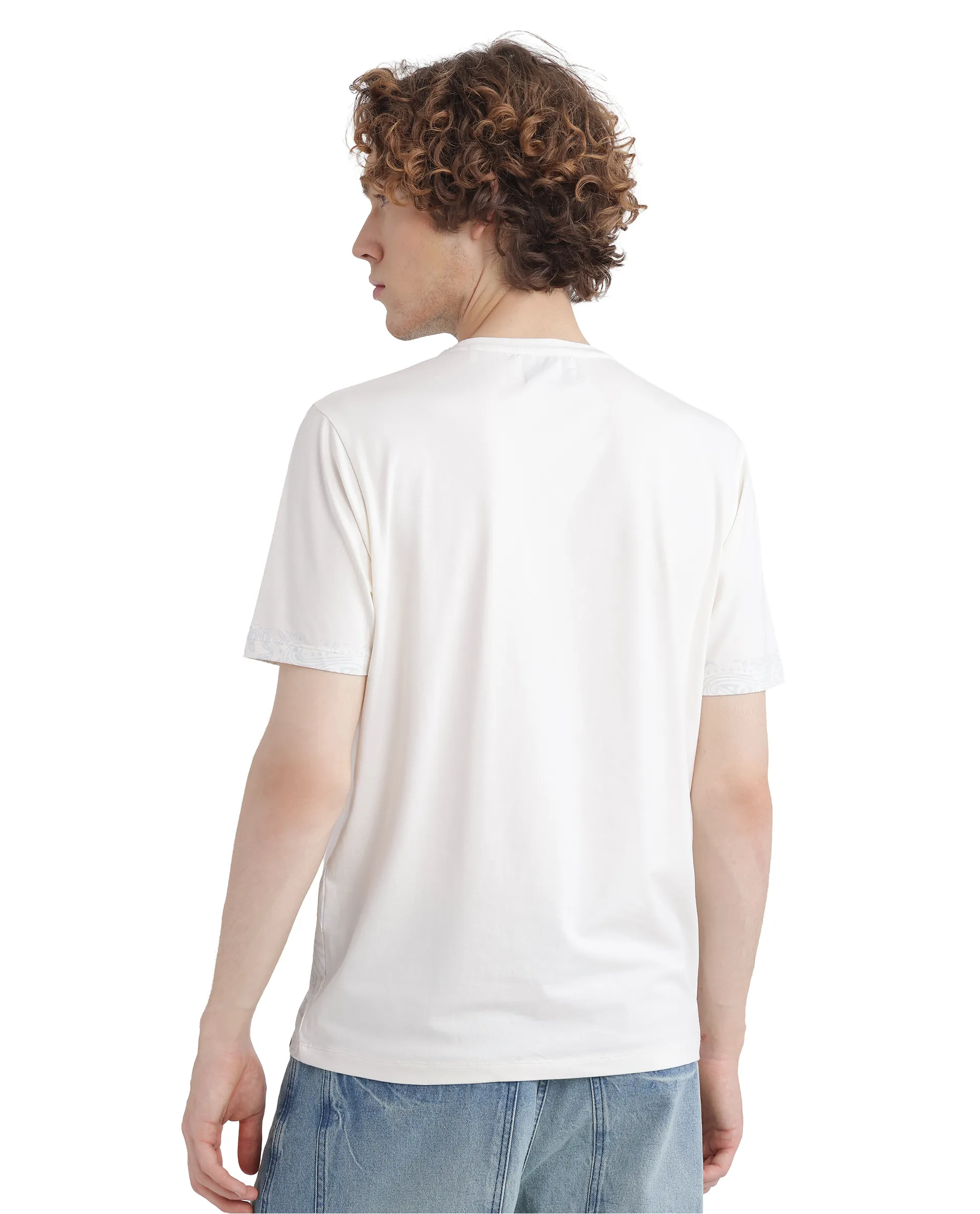 Rare Rabbit Men's Malon Off White Cotton Blend Paisley Print Regular Fit Half Sleeve Crew Neck T-Shirt - Image 9