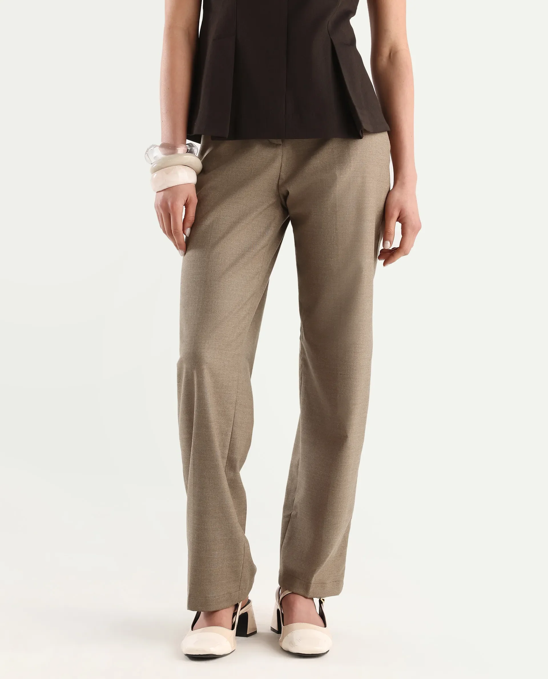 Rareism Women's Mals Beige Polyester Blend Plain Ankle Length Tapered Trouser - Image 2