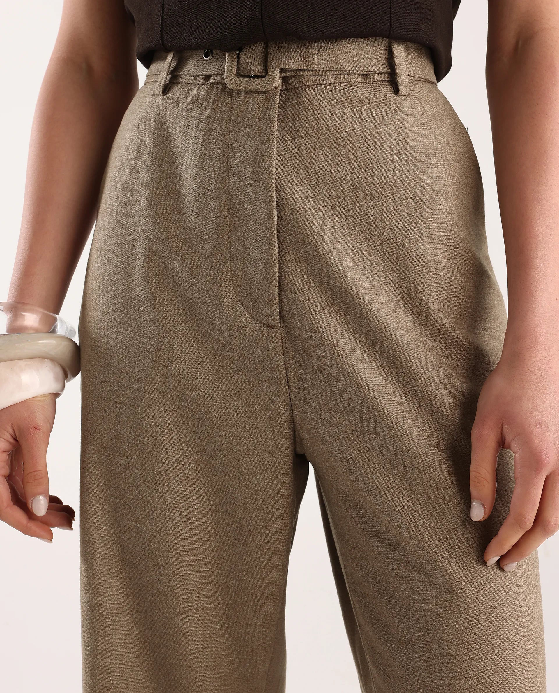 Rareism Women's Mals Beige Polyester Blend Plain Ankle Length Tapered Trouser - Image 3