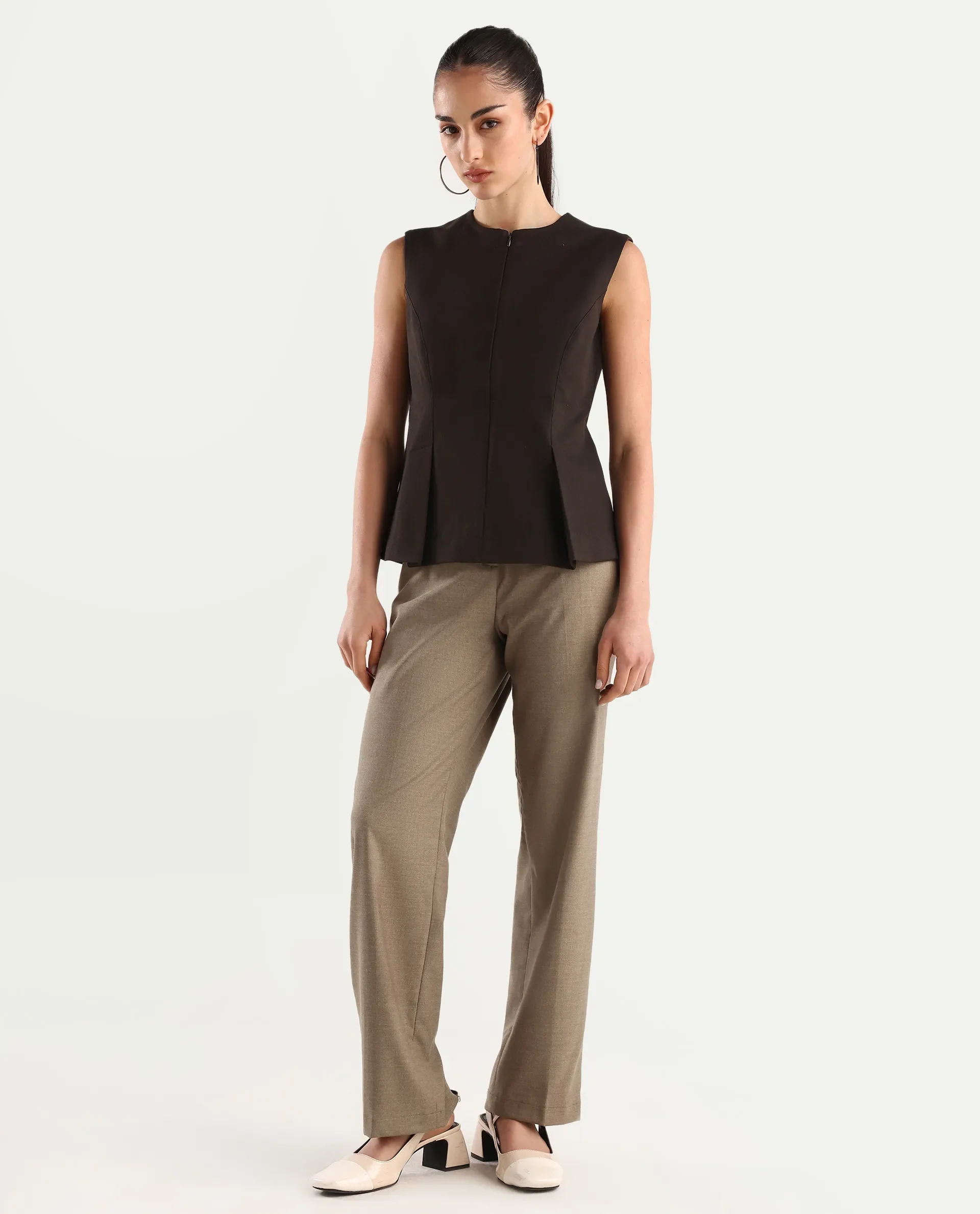 Rareism Women's Mals Beige Polyester Blend Plain Ankle Length Tapered Trouser - Image 4