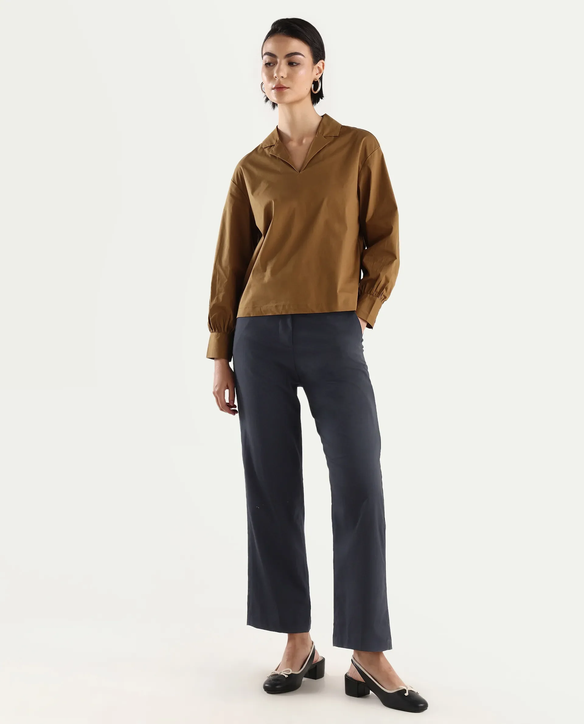Rareism Women's Mals - Blue Polyester Blend Plain Ankle Length Tapered Trouser