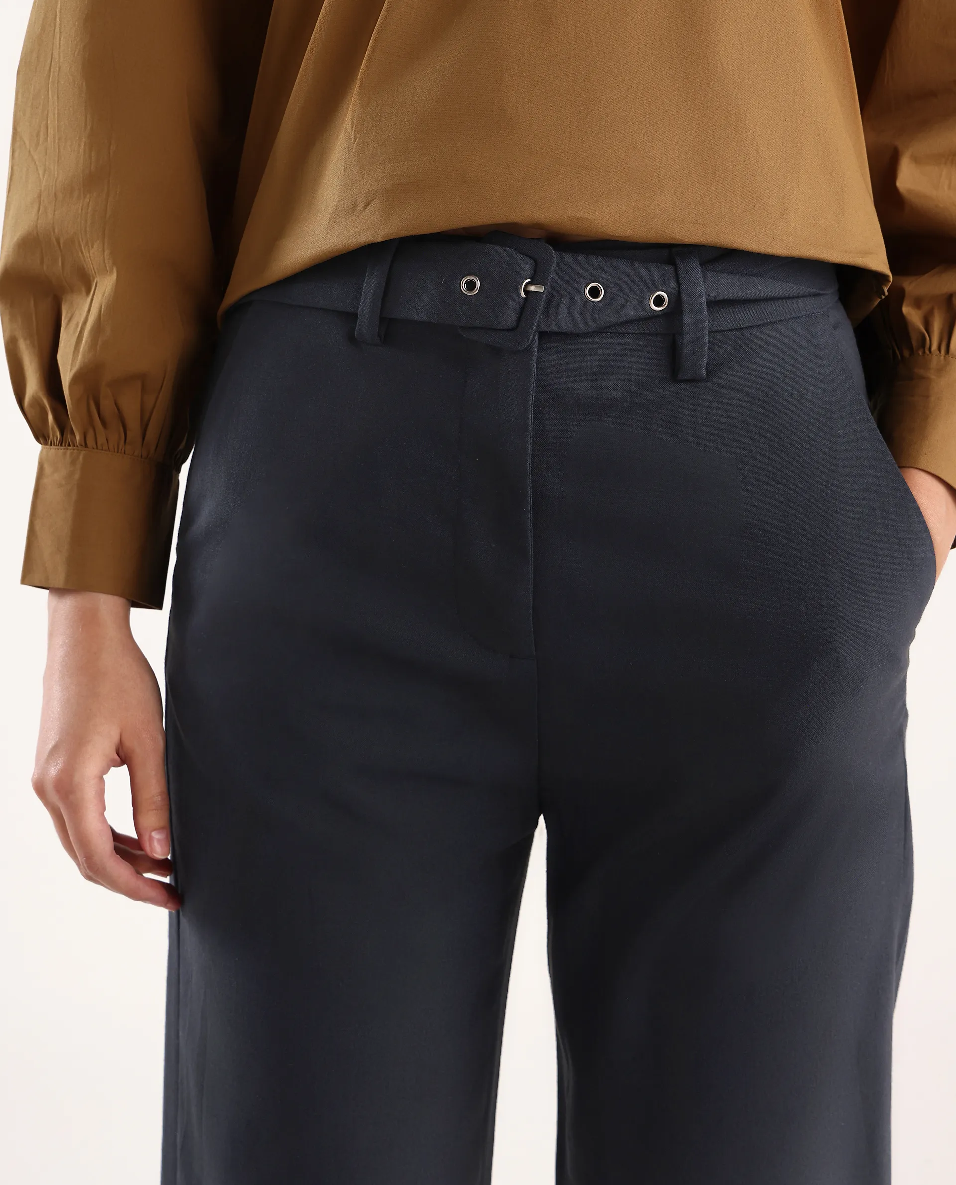 Rareism Women's Mals - Blue Polyester Blend Plain Ankle Length Tapered Trouser - Image 4