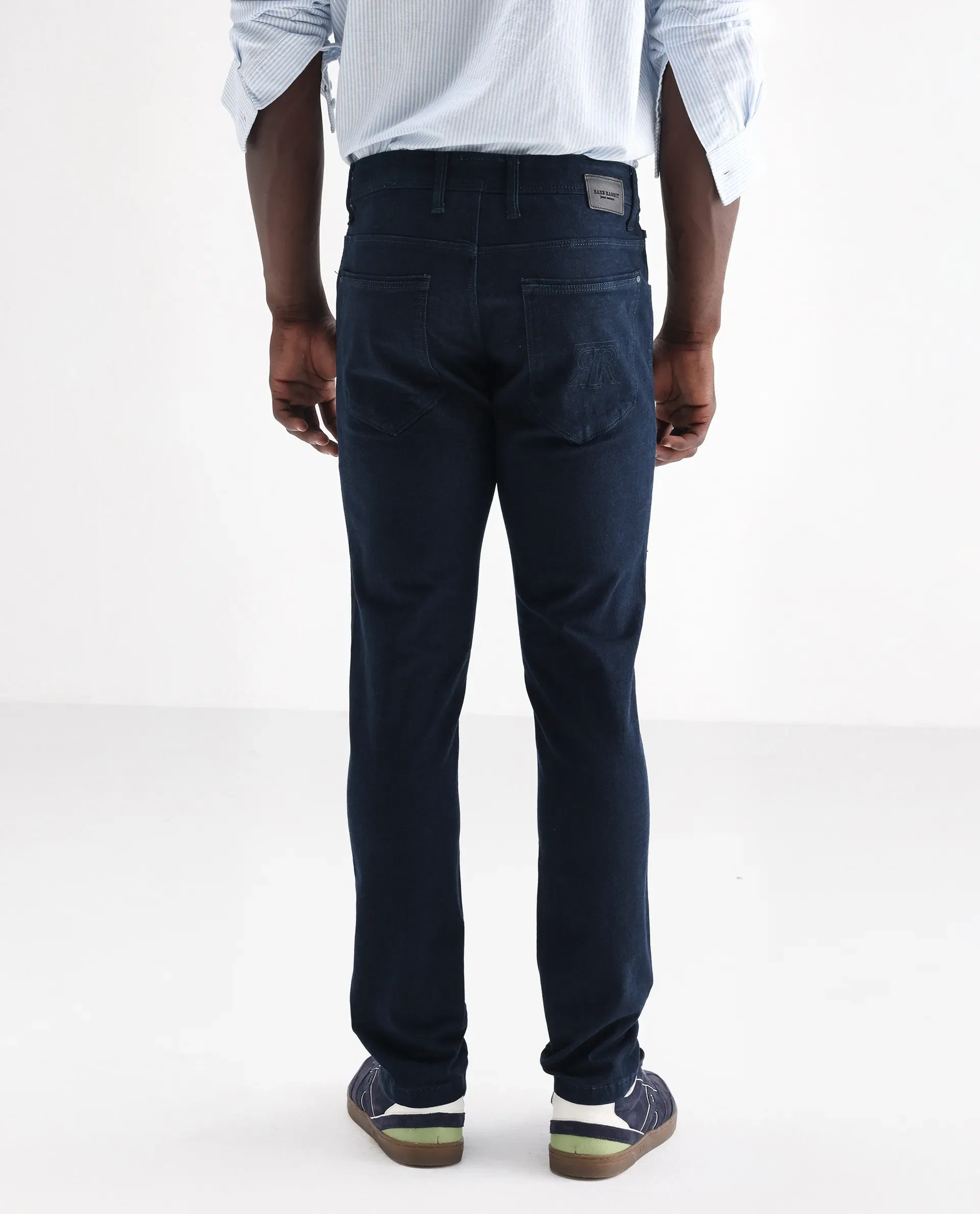 Rare Rabbit Men's Mambo Navy Cotton Plain Hawk Slim Fit Jeans - Image 8