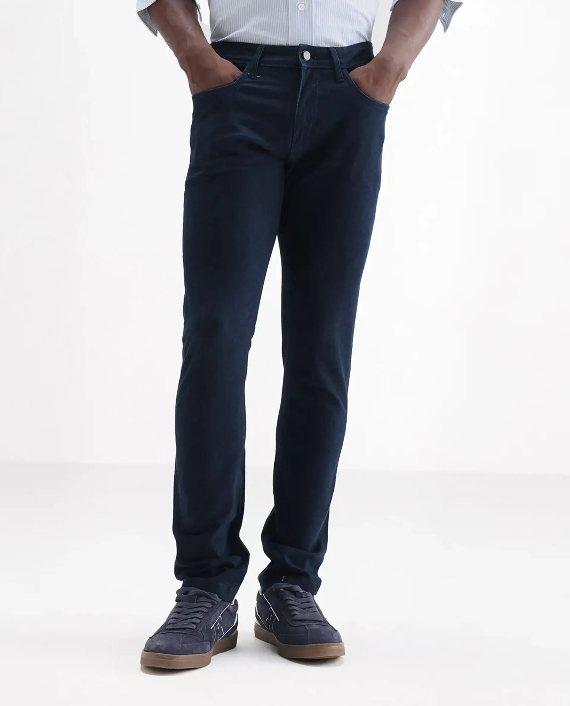 Rare Rabbit Men's Mambo Navy Cotton Plain Hawk Slim Fit Jeans - Image 9