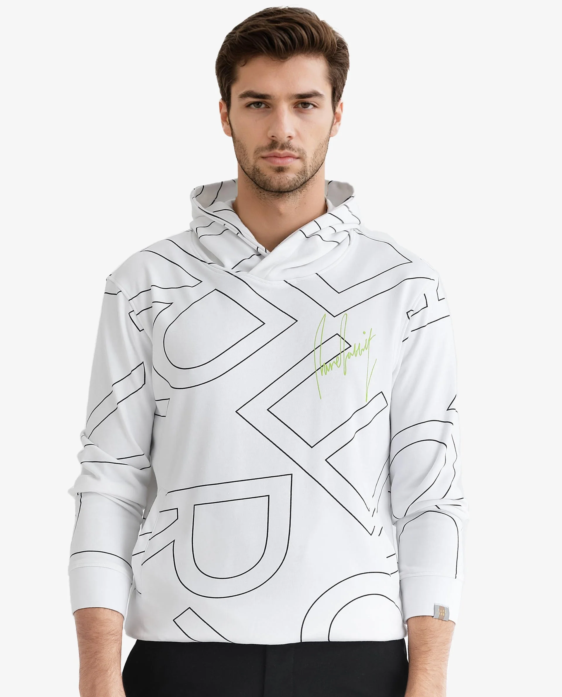 Rare Rabbit Men's Mamoth White Cotton Monogram Print Relaxed Fit Full Sleeve Hooded Sweatshirt