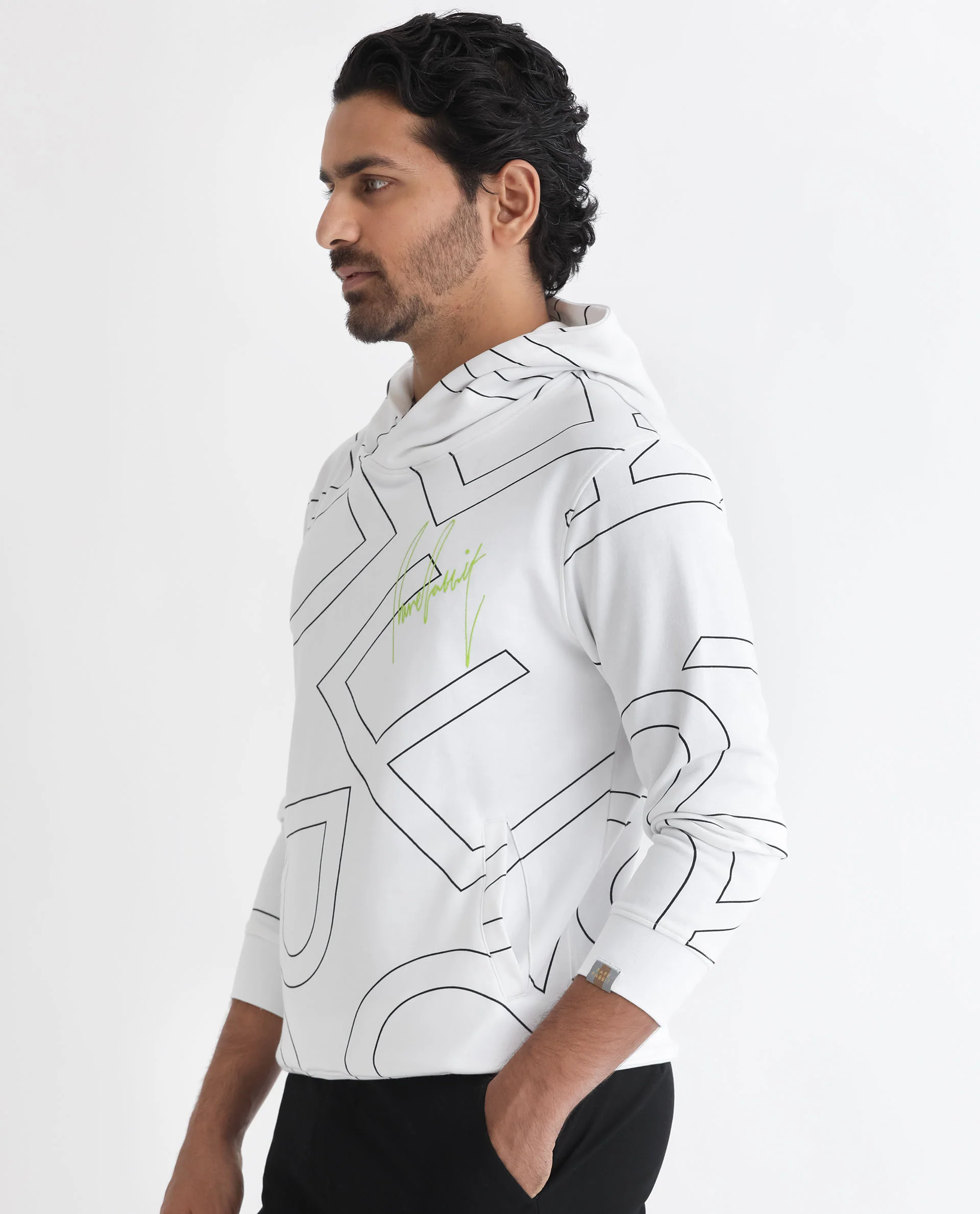 Rare Rabbit Men's Mamoth White Cotton Monogram Print Relaxed Fit Full Sleeve Hooded Sweatshirt - Image 11