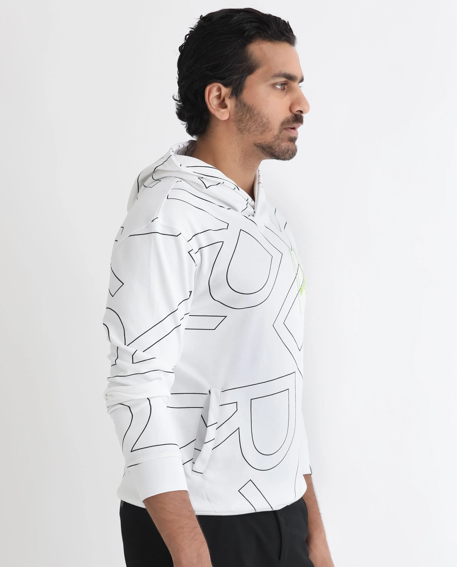Rare Rabbit Men's Mamoth White Cotton Monogram Print Relaxed Fit Full Sleeve Hooded Sweatshirt - Image 12