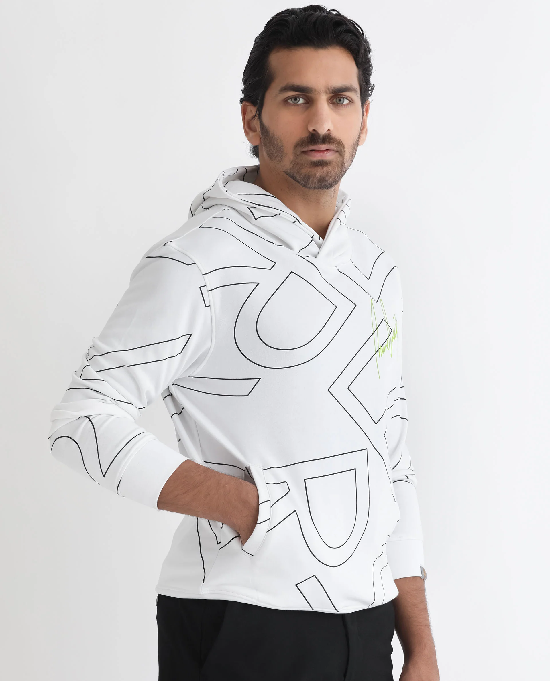 Rare Rabbit Men's Mamoth White Cotton Monogram Print Relaxed Fit Full Sleeve Hooded Sweatshirt - Image 13