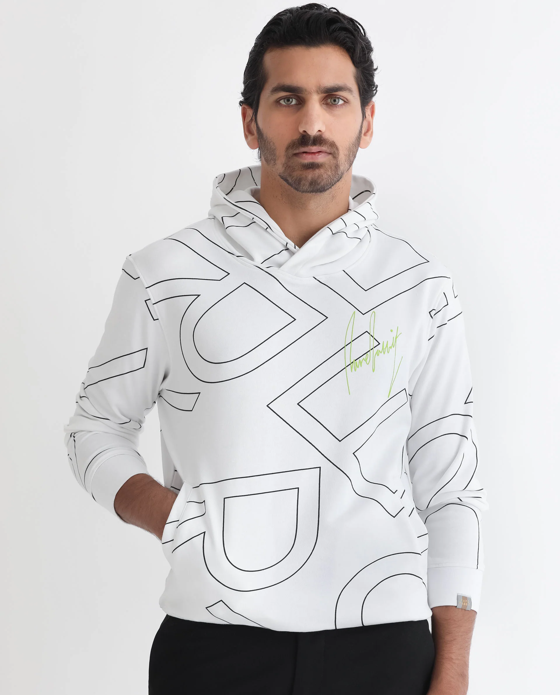 Rare Rabbit Men's Mamoth White Cotton Monogram Print Relaxed Fit Full Sleeve Hooded Sweatshirt - Image 2