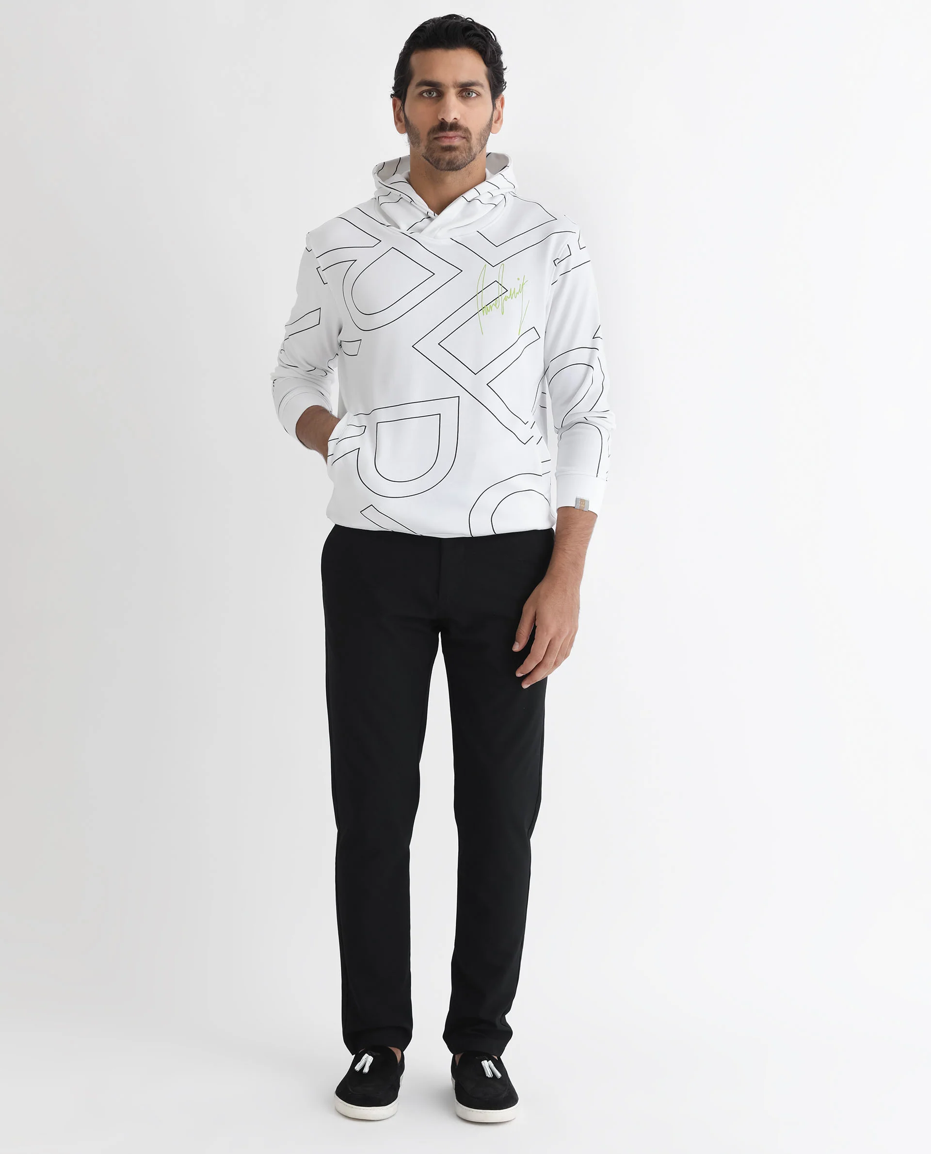 Rare Rabbit Men's Mamoth White Cotton Monogram Print Relaxed Fit Full Sleeve Hooded Sweatshirt - Image 3