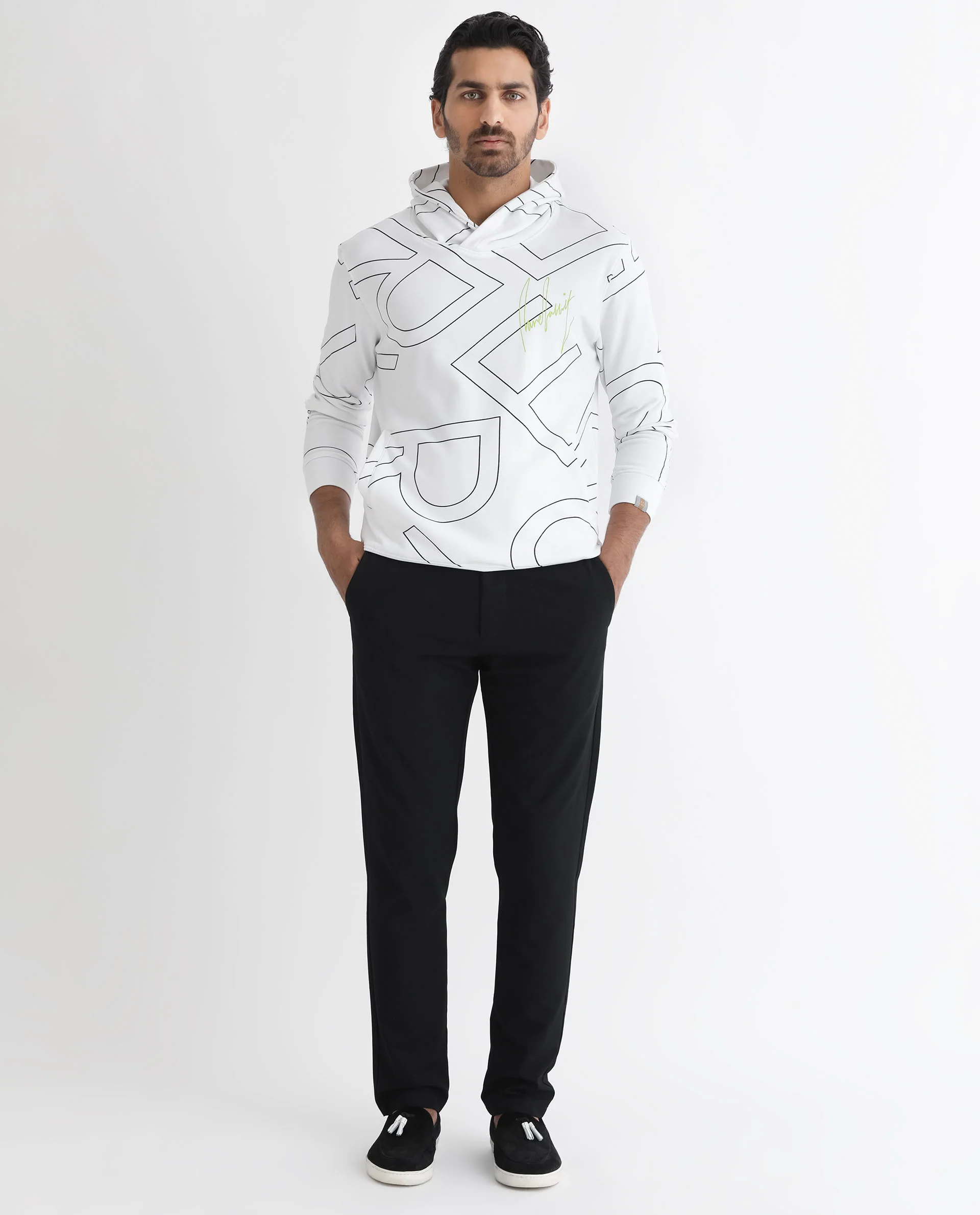 Rare Rabbit Men's Mamoth White Cotton Monogram Print Relaxed Fit Full Sleeve Hooded Sweatshirt - Image 4