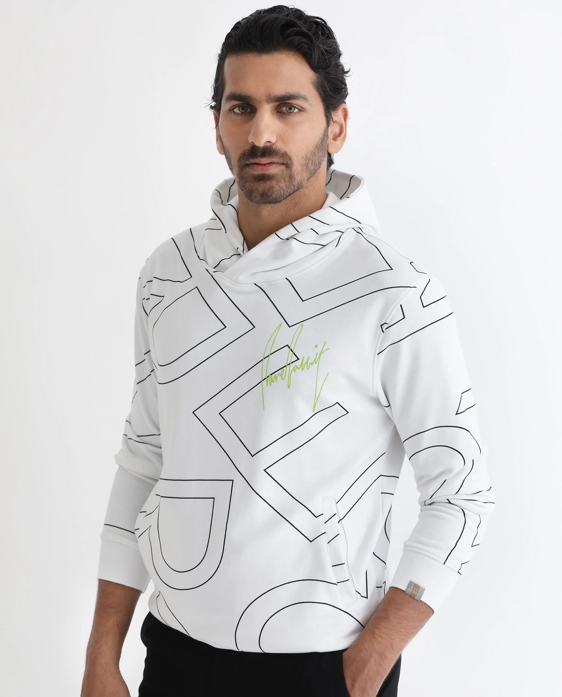 Rare Rabbit Men's Mamoth White Cotton Monogram Print Relaxed Fit Full Sleeve Hooded Sweatshirt - Image 5