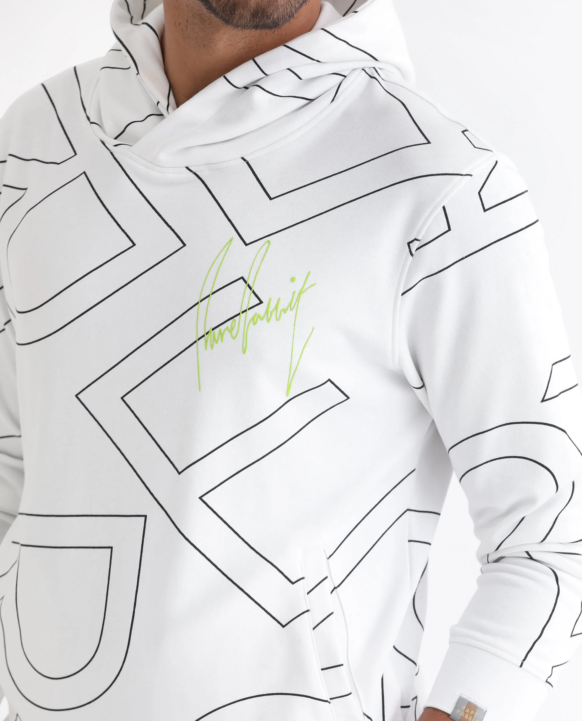 Rare Rabbit Men's Mamoth White Cotton Monogram Print Relaxed Fit Full Sleeve Hooded Sweatshirt - Image 6