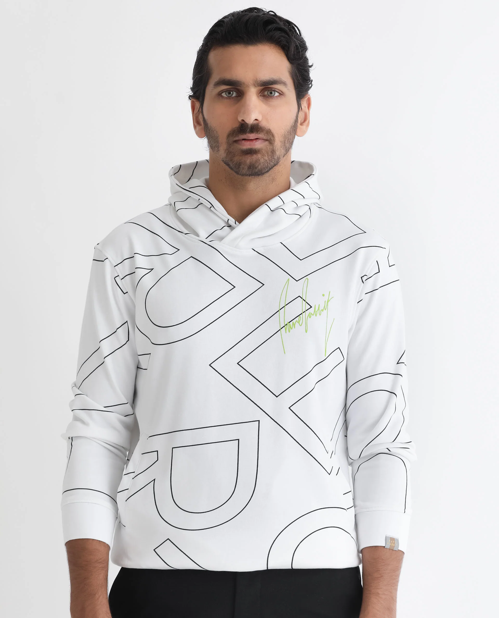 Rare Rabbit Men's Mamoth White Cotton Monogram Print Relaxed Fit Full Sleeve Hooded Sweatshirt - Image 7