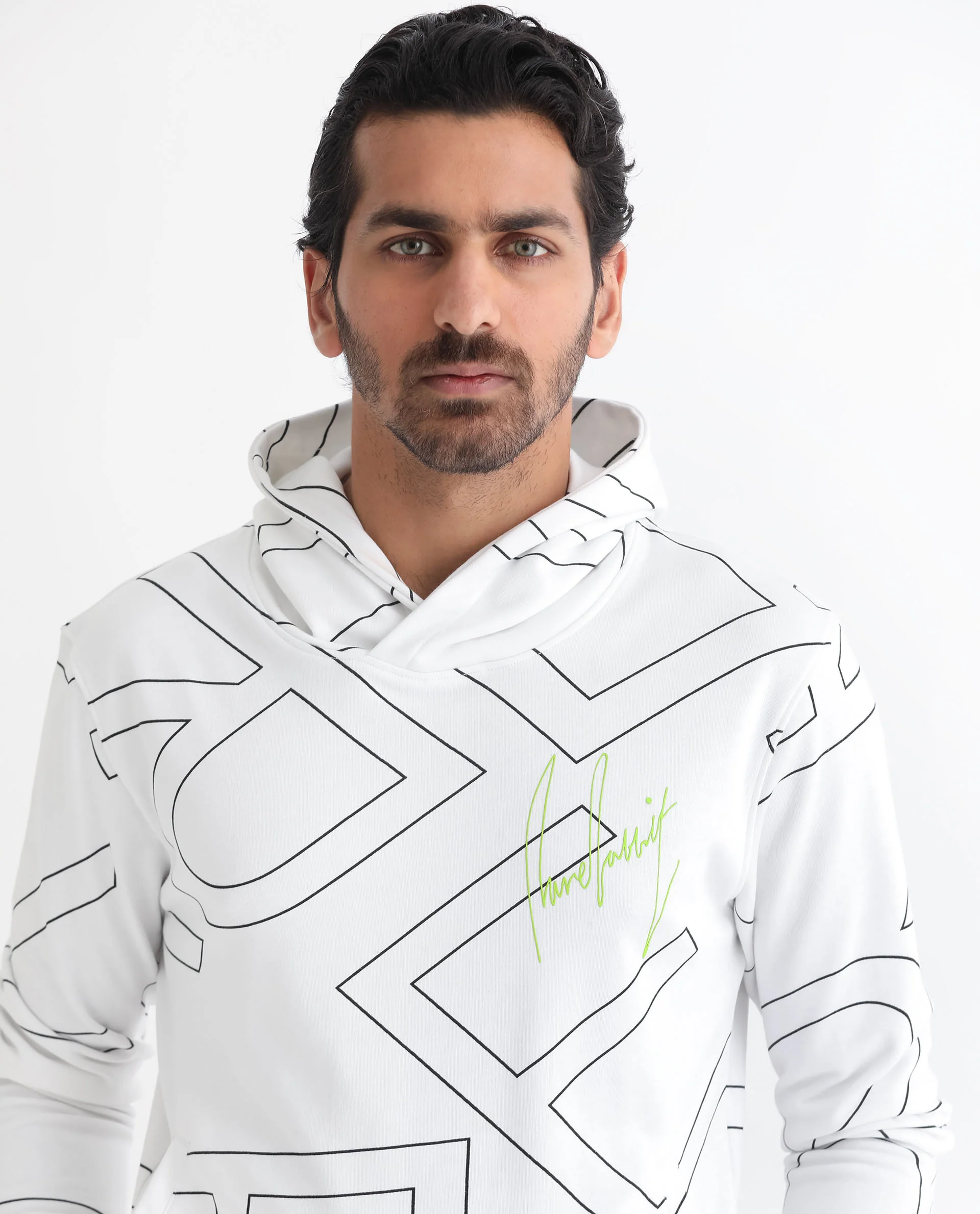 Rare Rabbit Men's Mamoth White Cotton Monogram Print Relaxed Fit Full Sleeve Hooded Sweatshirt - Image 8