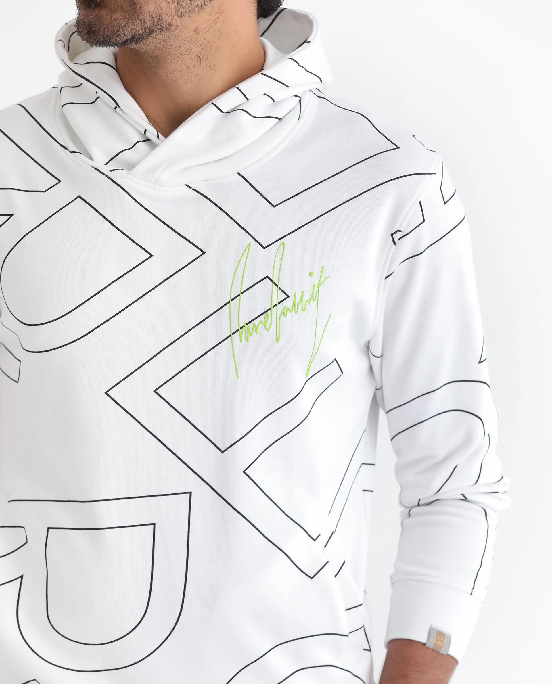 Rare Rabbit Men's Mamoth White Cotton Monogram Print Relaxed Fit Full Sleeve Hooded Sweatshirt - Image 9