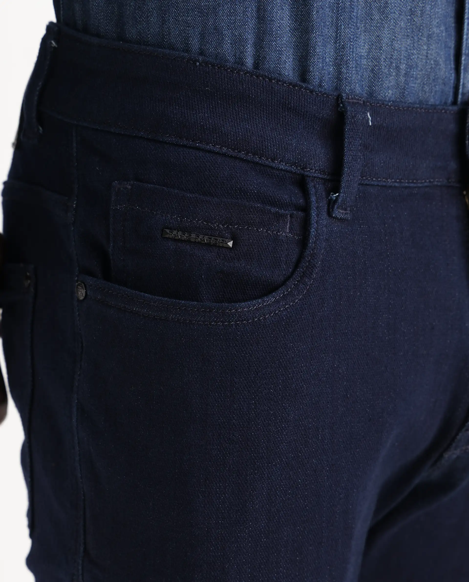 Rare Rabbit Men's Manado Dark Navy Cotton Blend Plain Hawk Slim Fit Jeans - Image 8