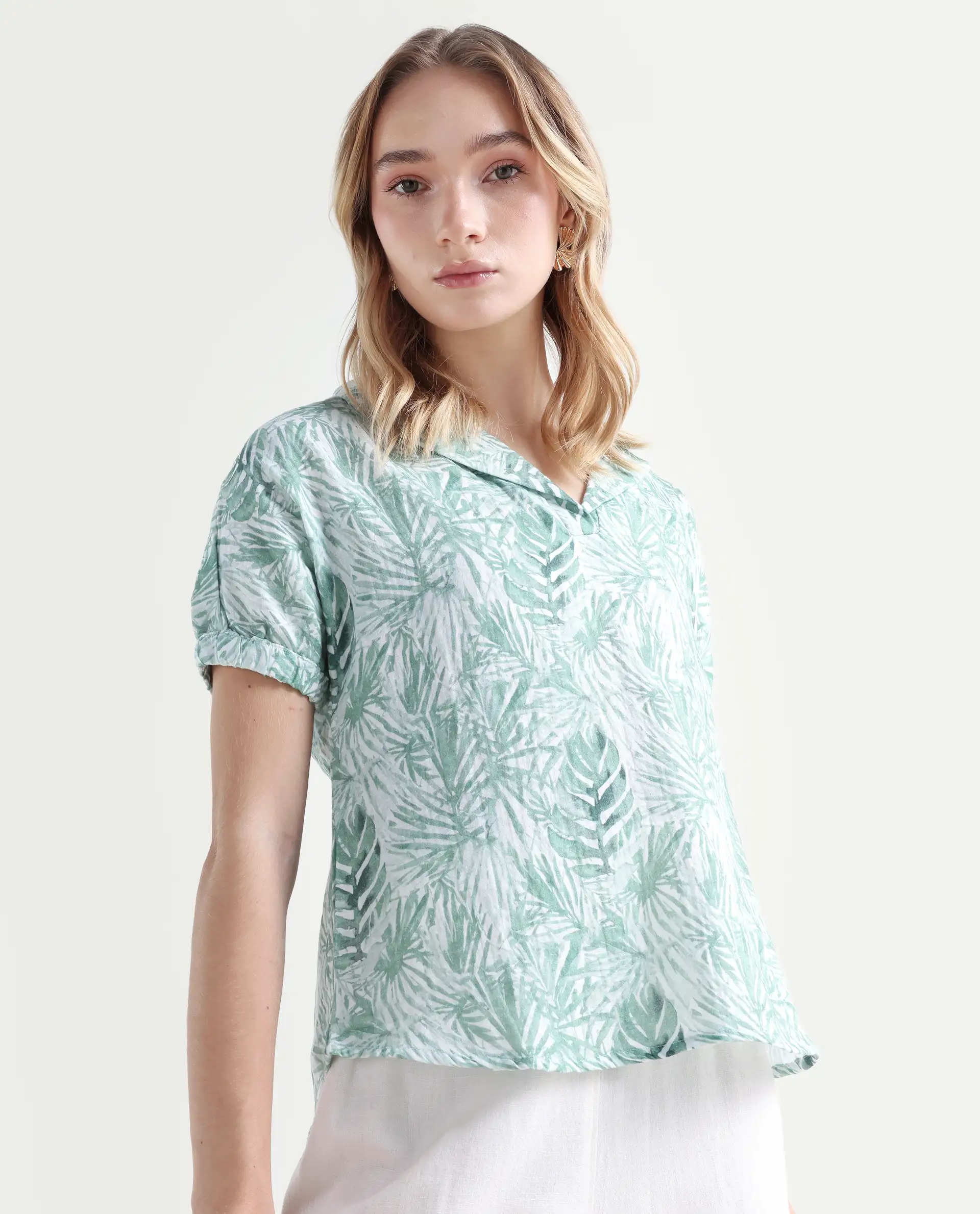 Rareism Women's Manak Off White Cotton Blend Lapel Neck Abstract Print Extended Sleeves Regular Fit Top
