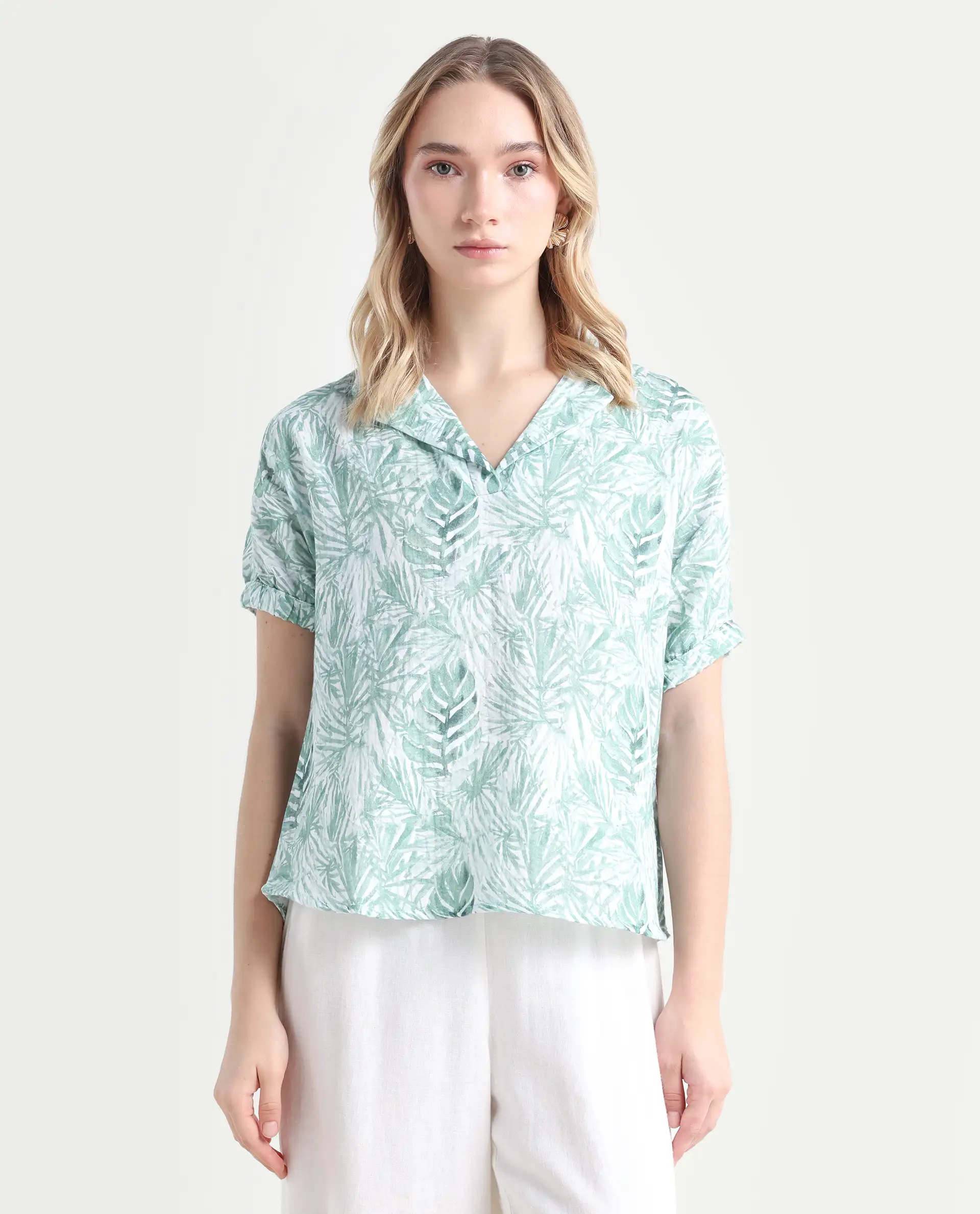Rareism Women's Manak Off White Cotton Blend Lapel Neck Abstract Print Extended Sleeves Regular Fit Top - Image 3