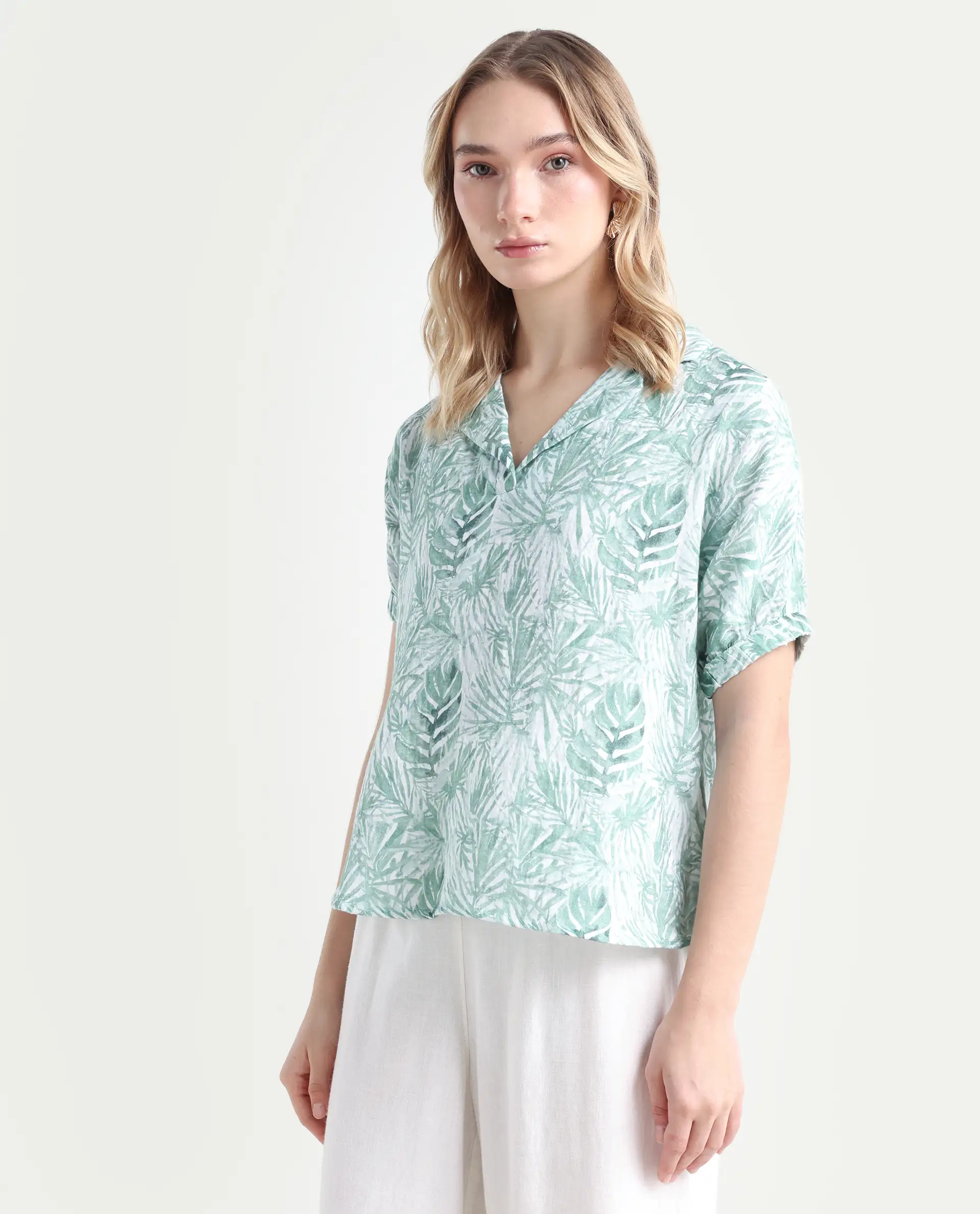 Rareism Women's Manak Off White Cotton Blend Lapel Neck Abstract Print Extended Sleeves Regular Fit Top - Image 5