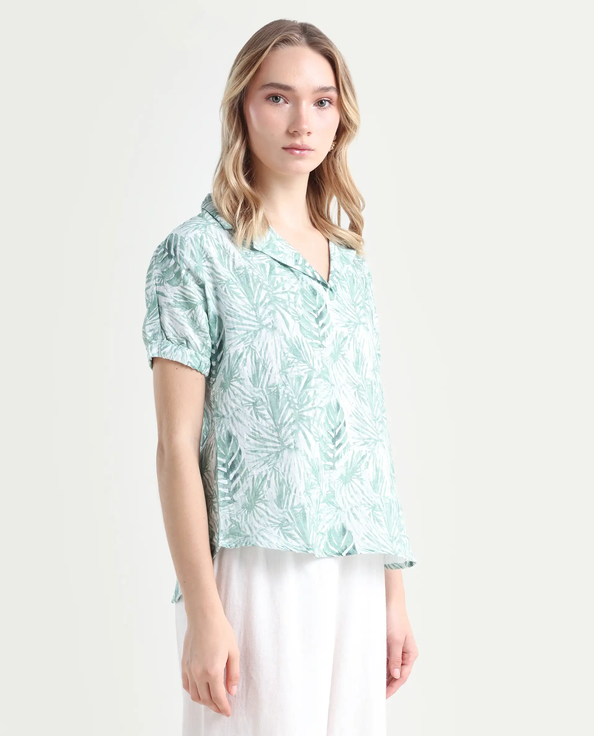 Rareism Women's Manak Off White Cotton Blend Lapel Neck Abstract Print Extended Sleeves Regular Fit Top - Image 6