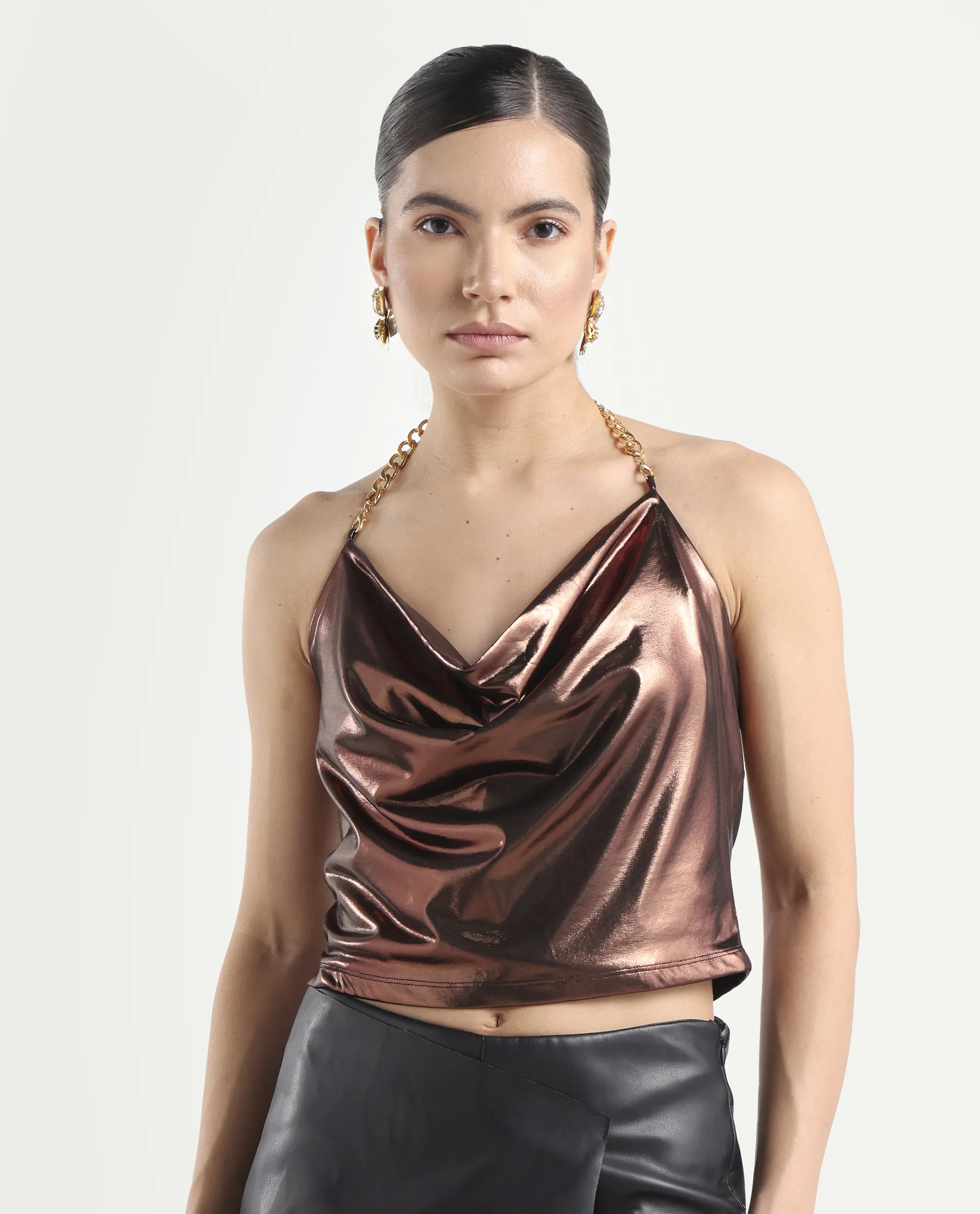 Rareism Women's Manda Metallic Brown Polyester Cowl Neck Plain Sleeveless Crop Fitted Top - Image 3