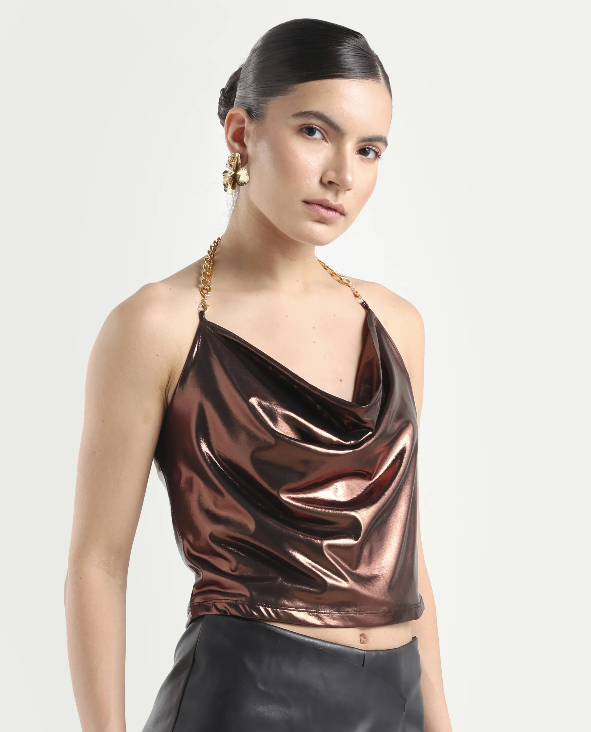 Rareism Women's Manda Metallic Brown Polyester Cowl Neck Plain Sleeveless Crop Fitted Top - Image 5