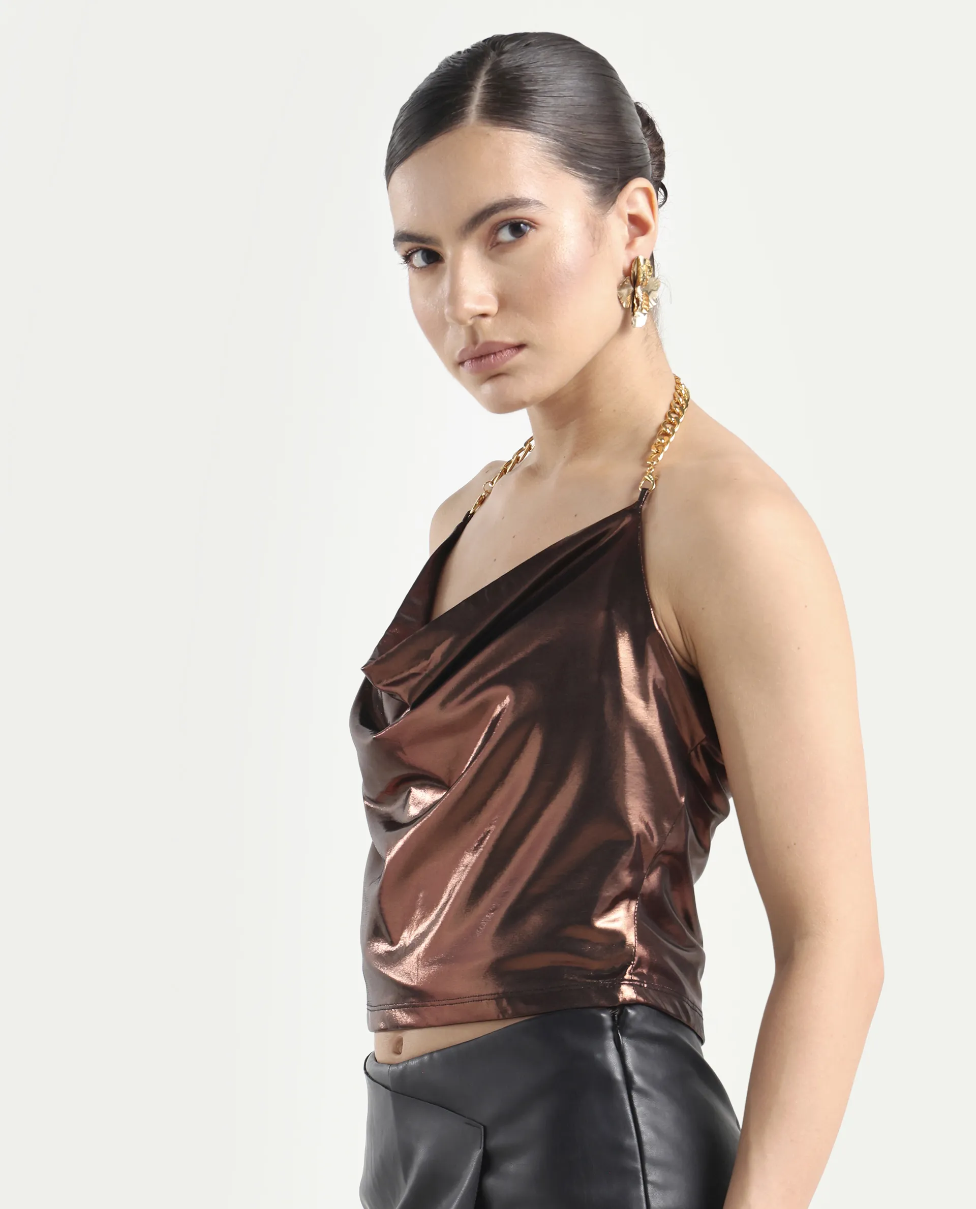 Rareism Women's Manda Metallic Brown Polyester Cowl Neck Plain Sleeveless Crop Fitted Top - Image 6