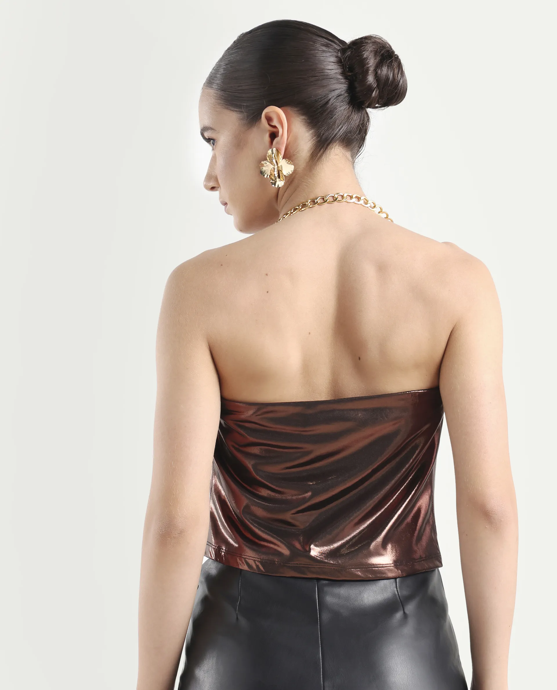 Rareism Women's Manda Metallic Brown Polyester Cowl Neck Plain Sleeveless Crop Fitted Top - Image 7