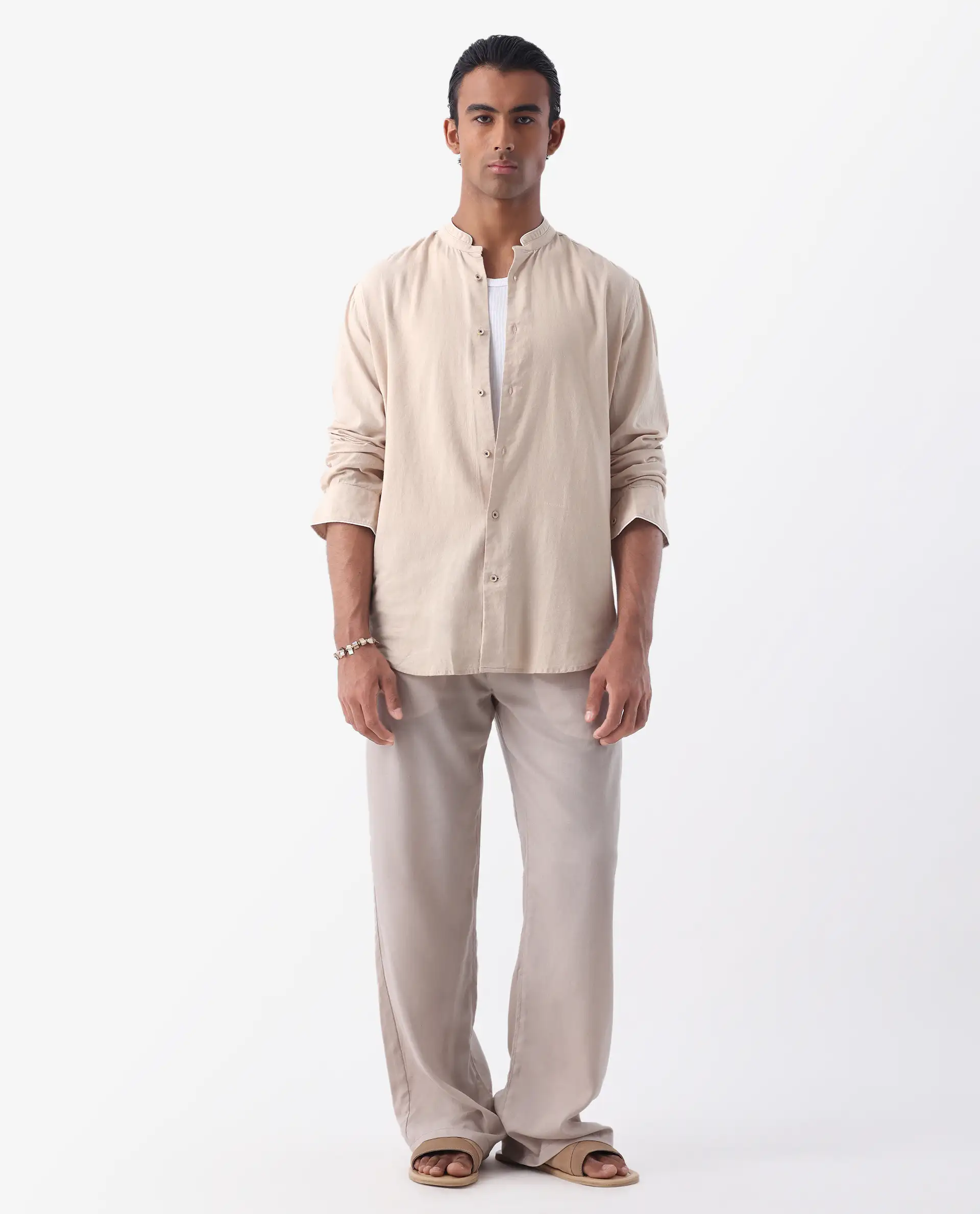 Rare Rabbit Men's Manderin Beige 100% Linen Plain Regular Fit Full Sleeve Mandarin Collar Shirt
