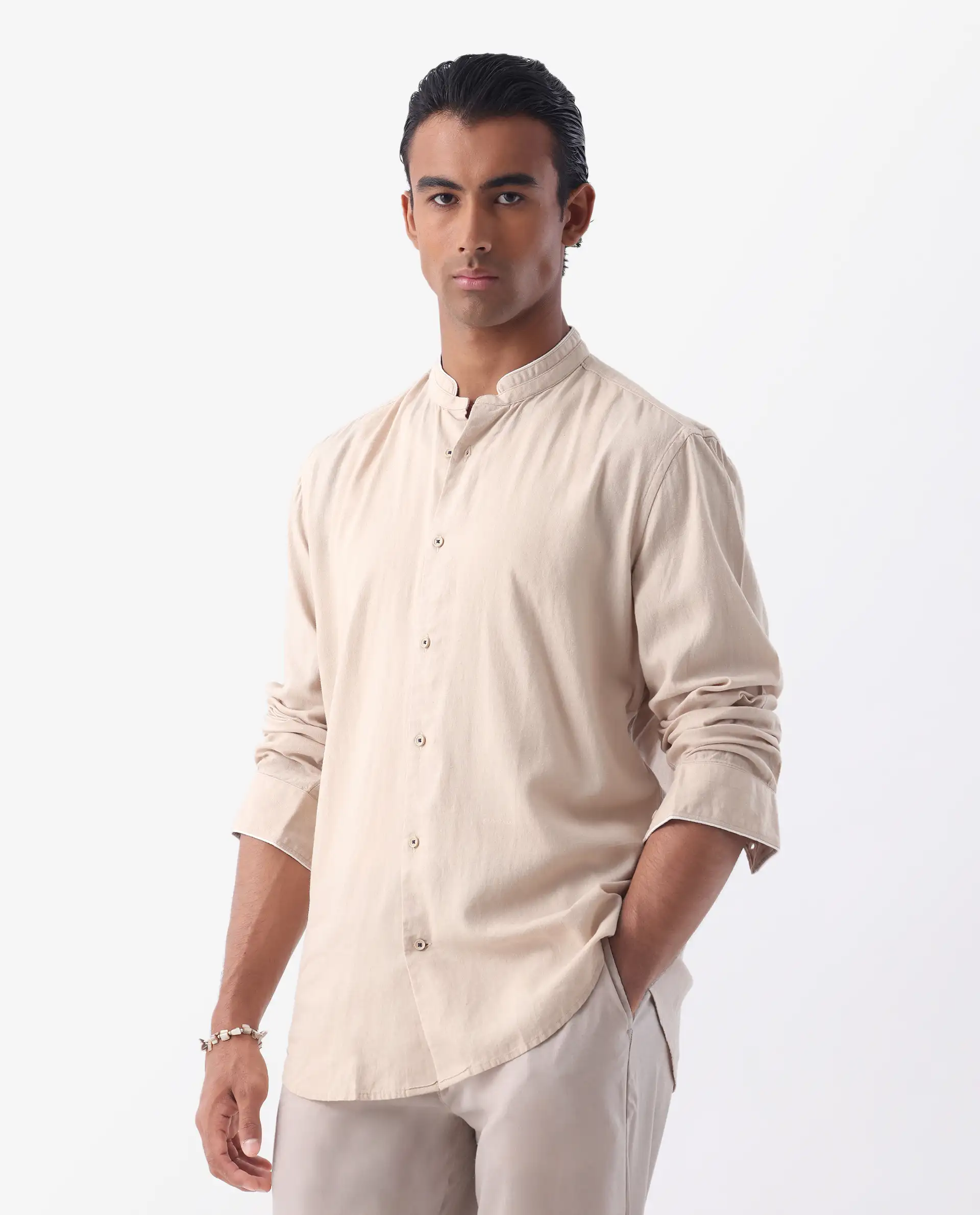 Rare Rabbit Men's Manderin Beige 100% Linen Plain Regular Fit Full Sleeve Mandarin Collar Shirt - Image 2