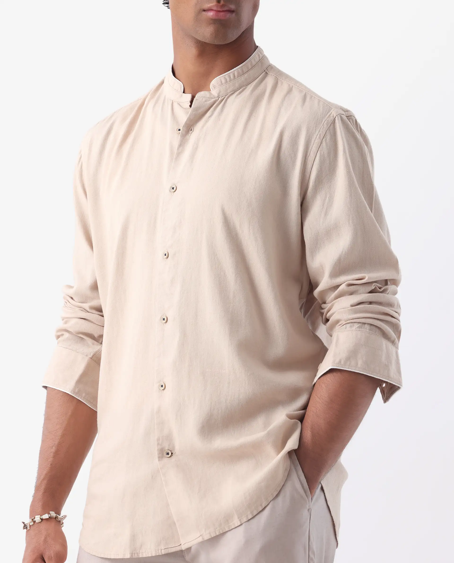 Rare Rabbit Men's Manderin Beige 100% Linen Plain Regular Fit Full Sleeve Mandarin Collar Shirt - Image 3