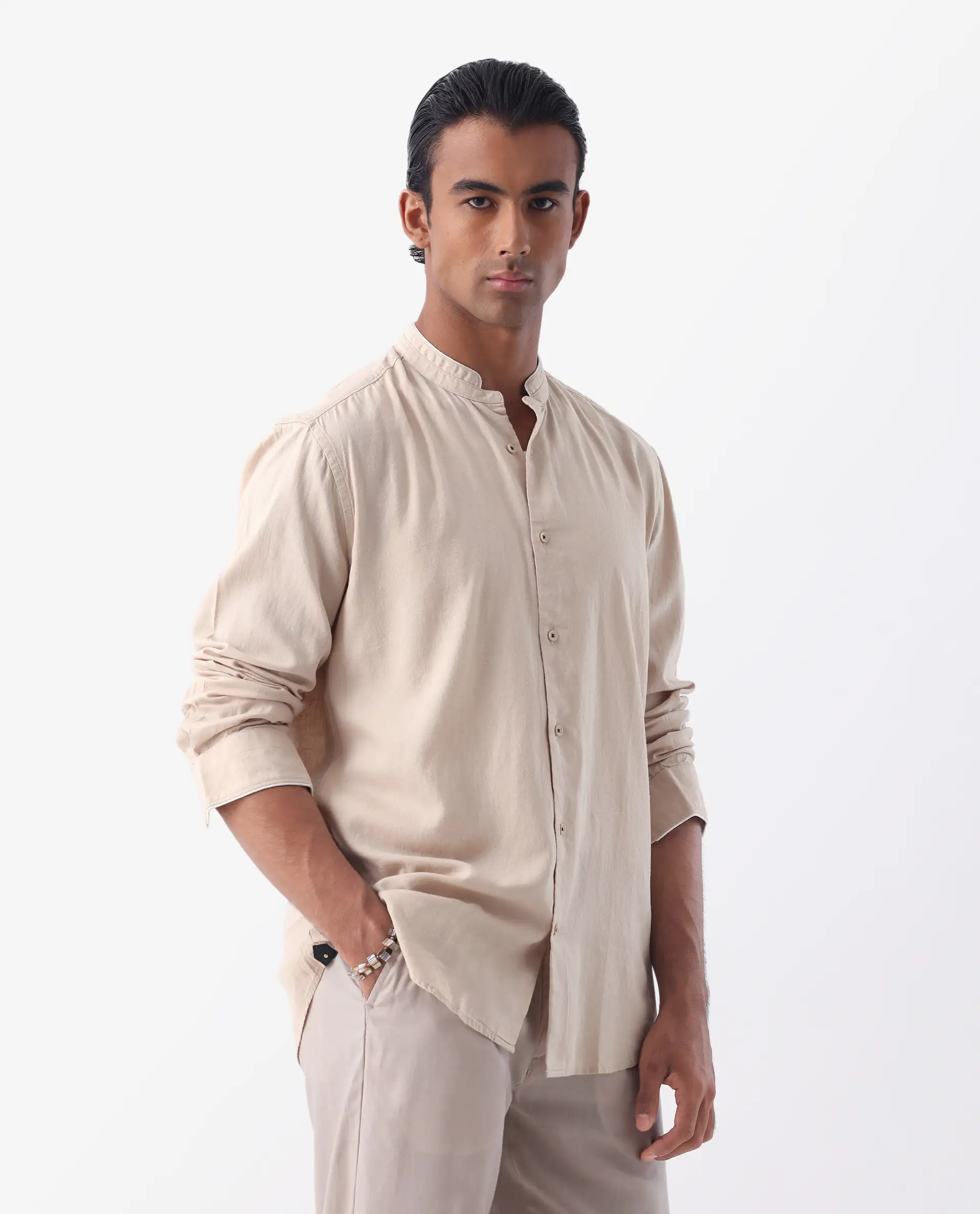Rare Rabbit Men's Manderin Beige 100% Linen Plain Regular Fit Full Sleeve Mandarin Collar Shirt - Image 4
