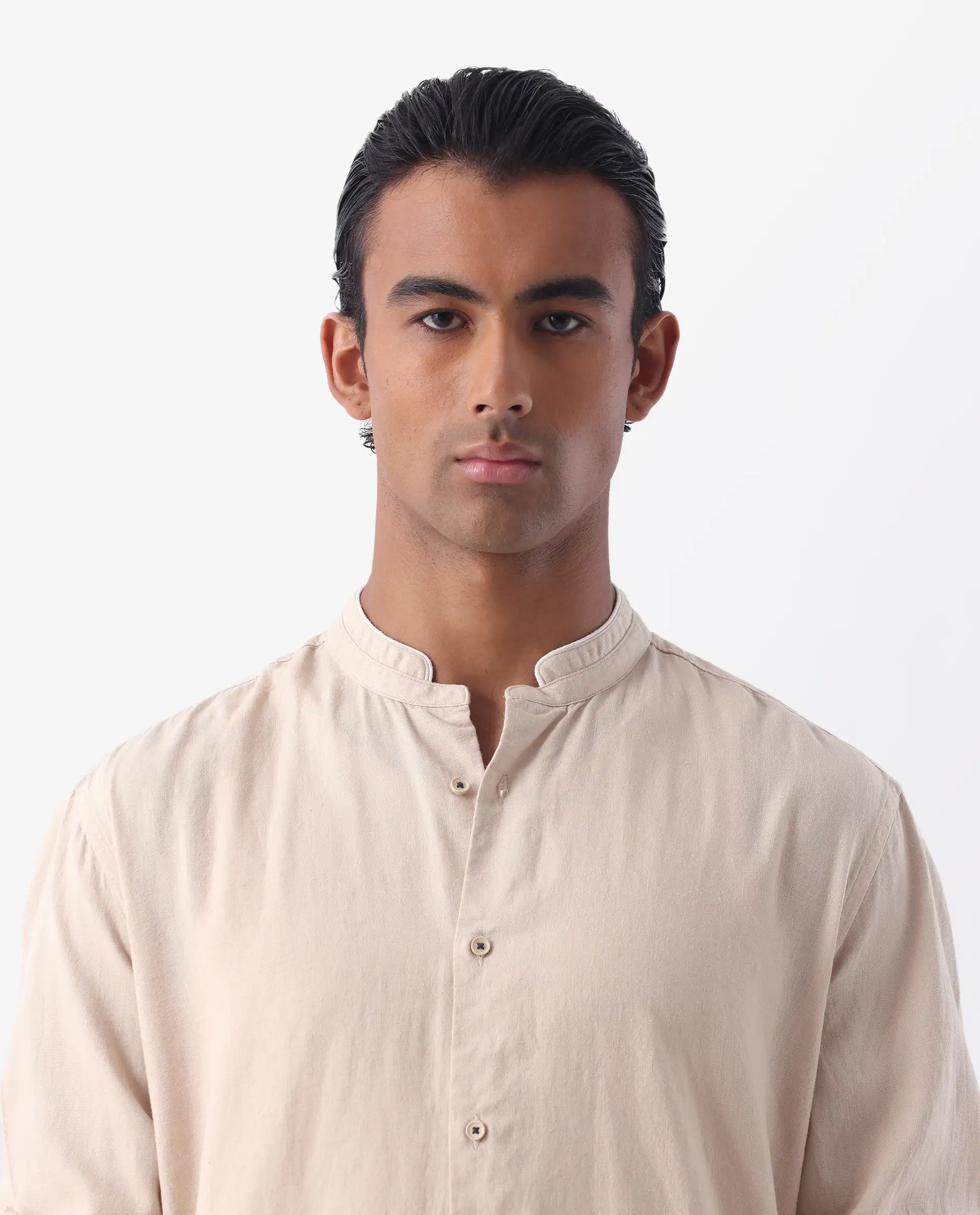 Rare Rabbit Men's Manderin Beige 100% Linen Plain Regular Fit Full Sleeve Mandarin Collar Shirt - Image 5