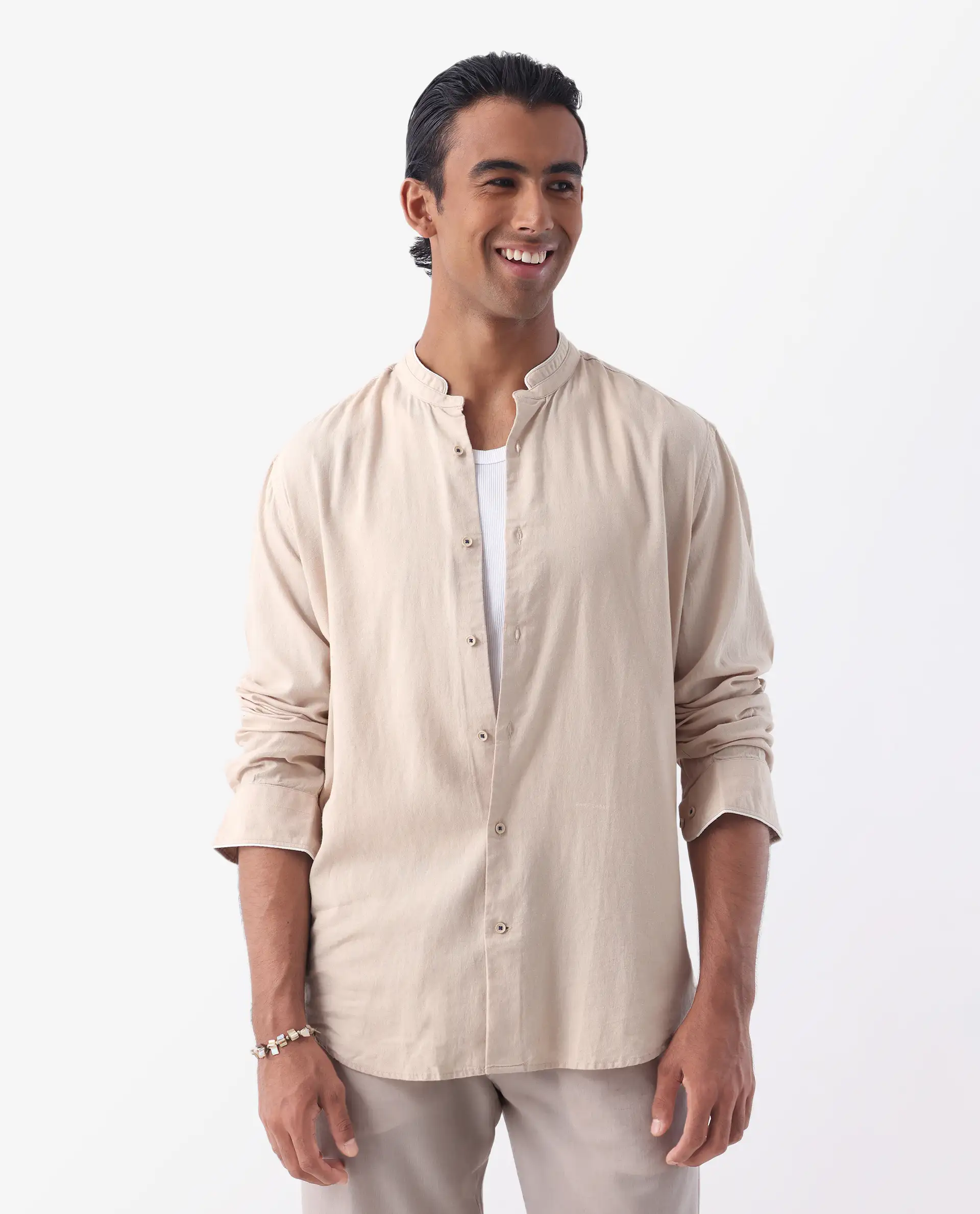 Rare Rabbit Men's Manderin Beige 100% Linen Plain Regular Fit Full Sleeve Mandarin Collar Shirt - Image 6