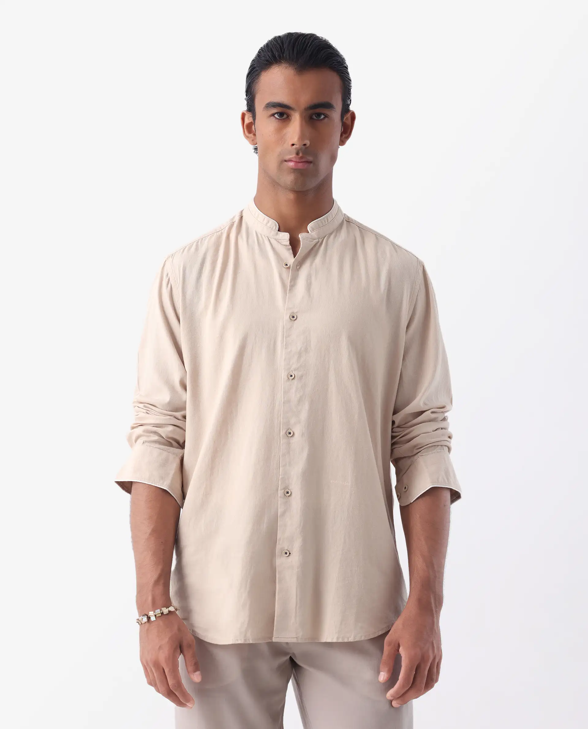 Rare Rabbit Men's Manderin Beige 100% Linen Plain Regular Fit Full Sleeve Mandarin Collar Shirt - Image 7
