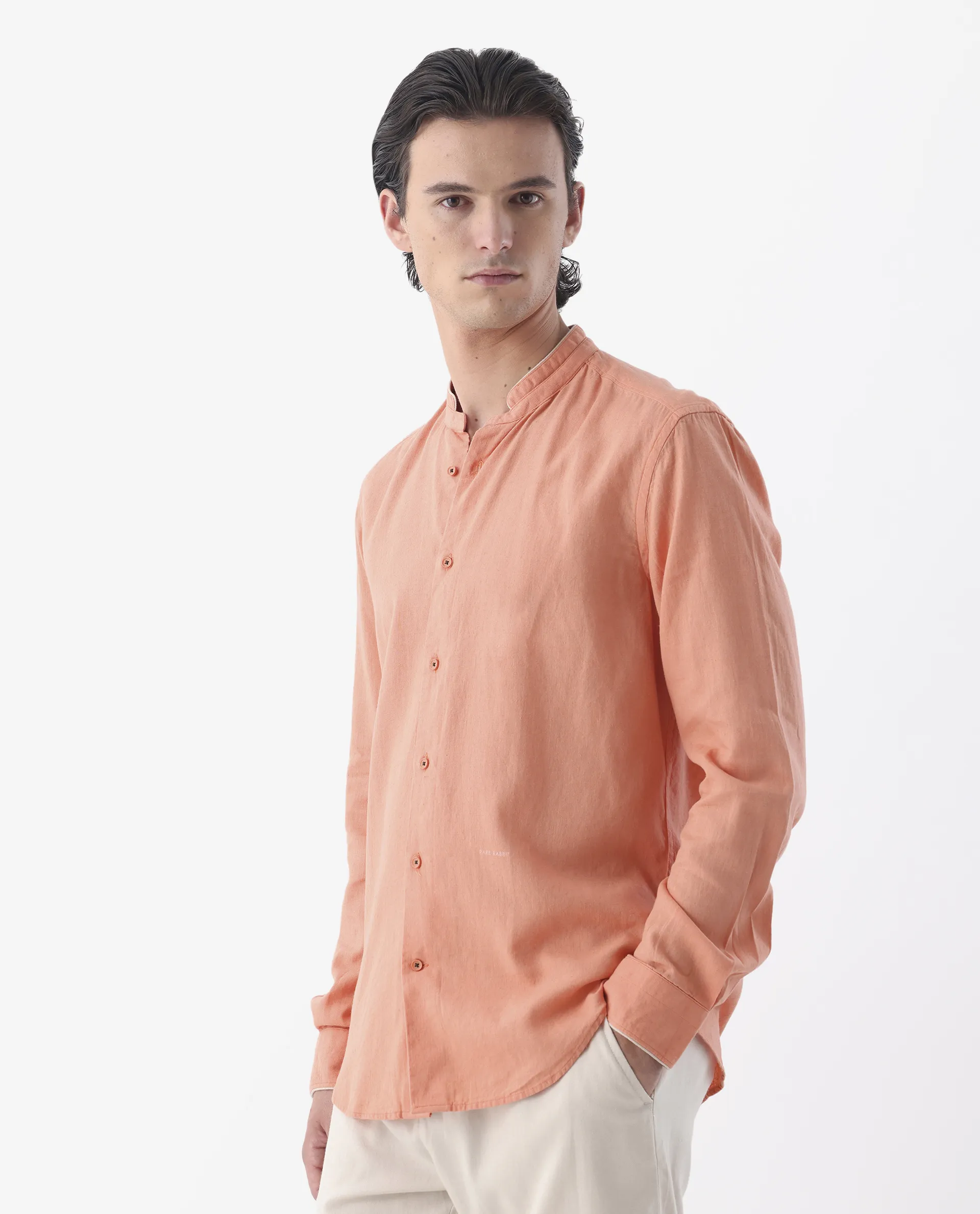 Rare Rabbit Men's Manderin Orange 100% Linen Plain Regular Fit Full Sleeve Mandarin Collar Shirt - Image 2